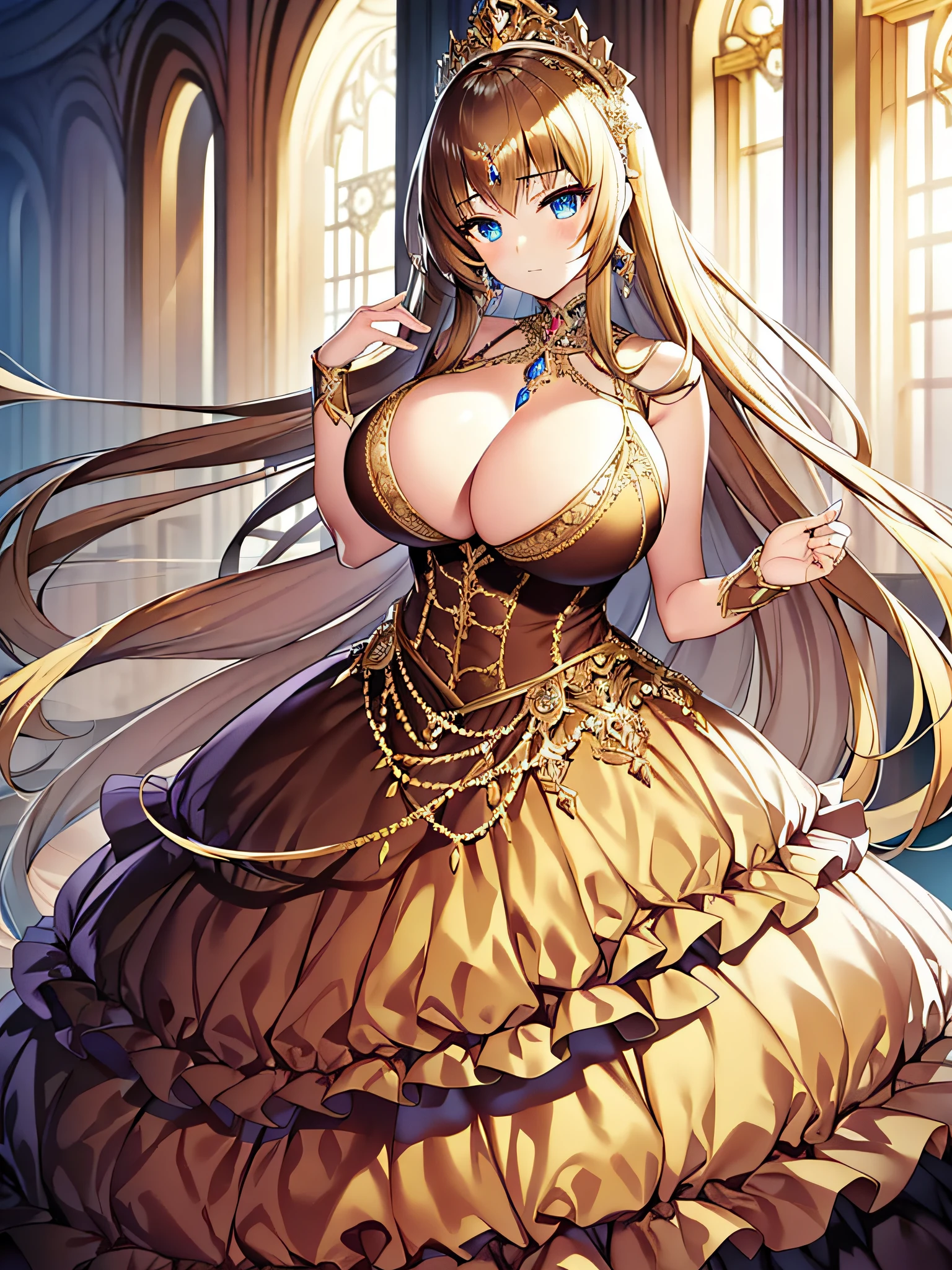 ((anime moe artstyle)),(Masterpiece),(Best Quality), (Super Detail),Illustration,((Very Delicate and Beautiful)),Focus on character,Dynamic Angle,Looking at viewer,(((Solo))),((Full body)),(((one gorgeous princess in jeweled ball gown with a voluminous skirt))),detailed face and eyes,jewel-like eyes,(Very Long Hair),gorgeous embroidery and lace,See-through,ornate ruffles,(gigantic breasts,Long breasts),jeweled ball gown,(gorgeous ball gown with a voluminous skirt),lift up the hem of dress,