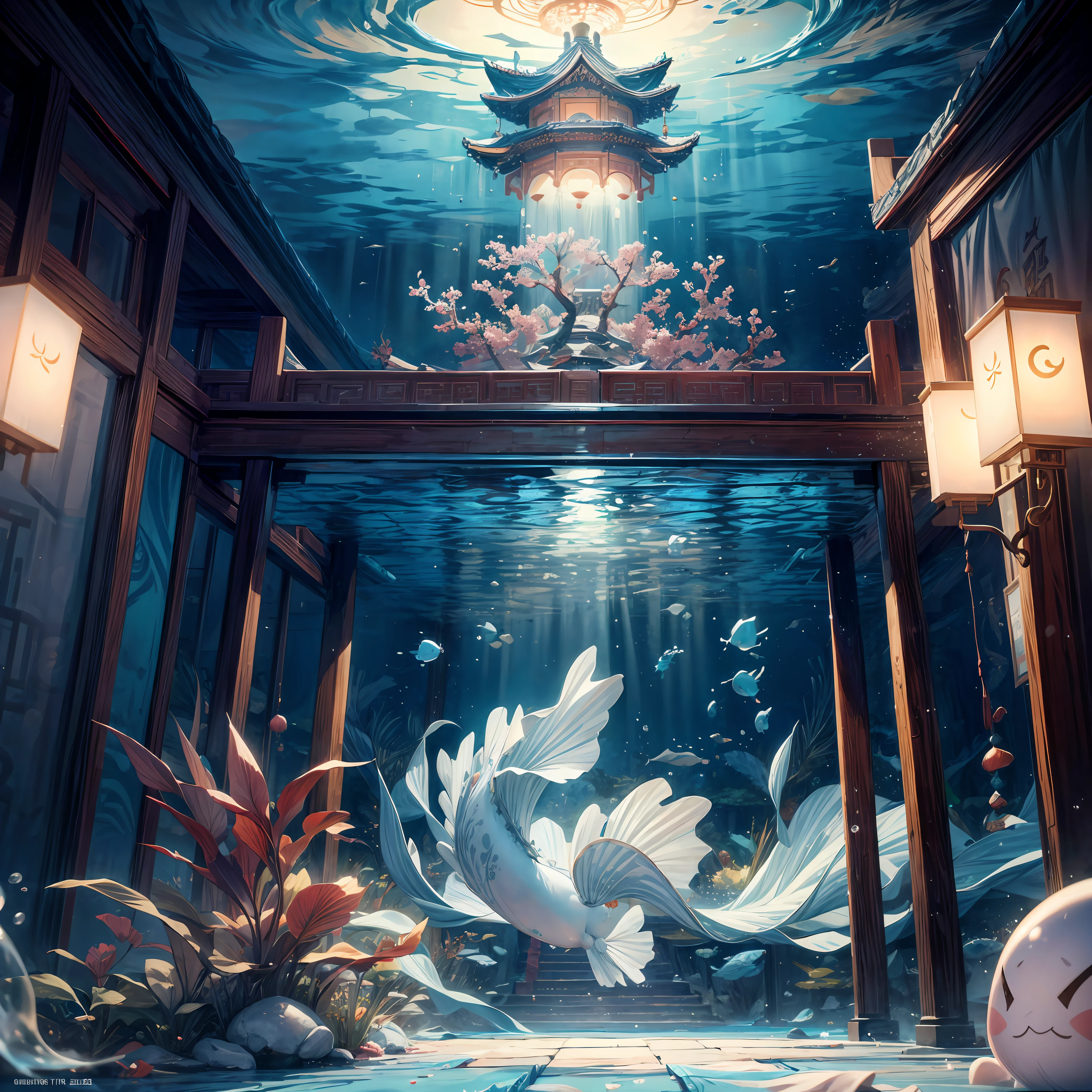 Ancient Chinese Palace, White Jade Palace Under the Sea, Underwater, Bubbles, Current, (Illustration: 1.0), Epic Composition, Natural Light, HD Details, Masterpiece, Best Quality, (Very Detailed CG Unity 8k Wallpaper)