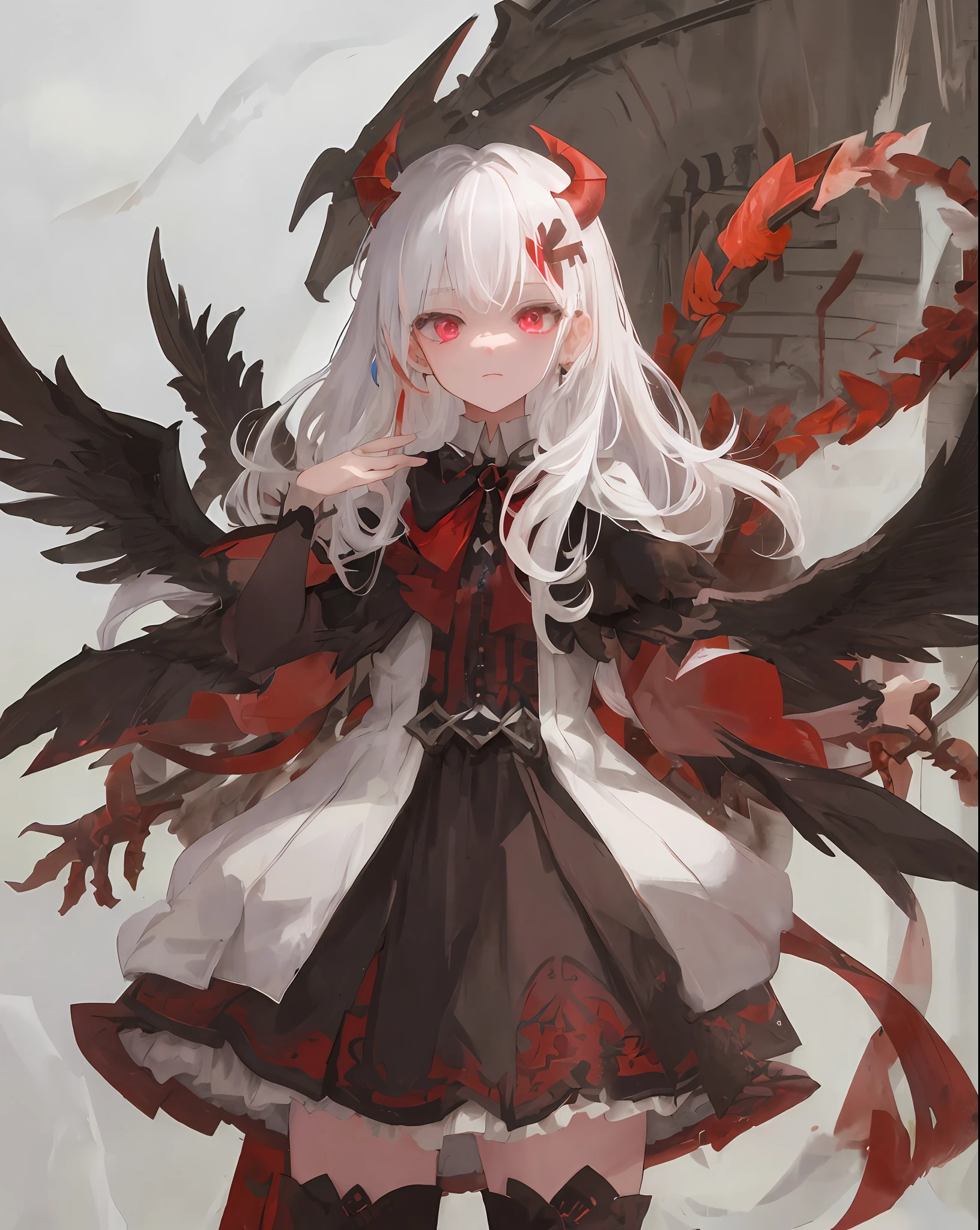 Best quality, 1 girl, white hair, red eyes, blood, gloomy, dark, blackened, crow, demon horn, mature, hatred