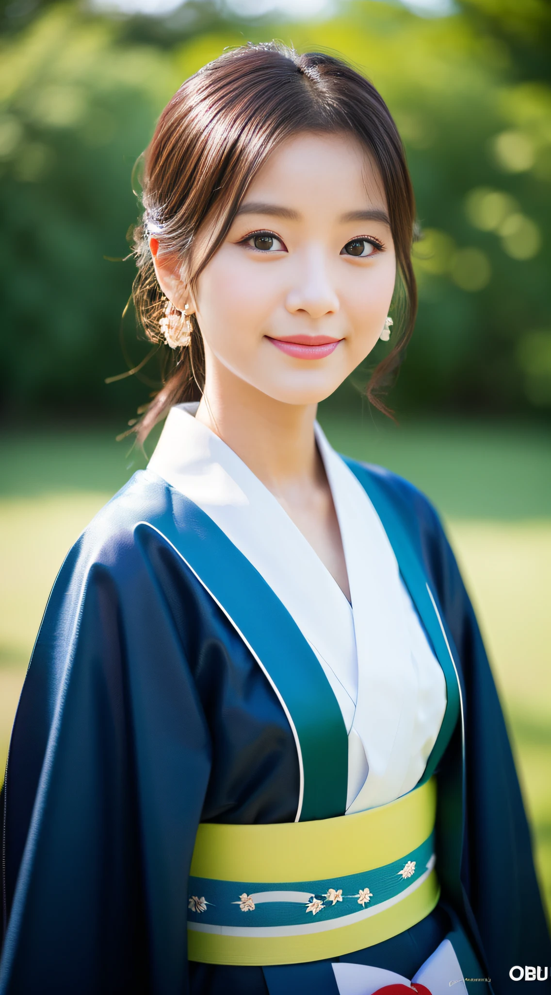((Top Quality, 8K, Masterpiece: 1.3)), Sharp Focus: 1.2, (Super Beautiful Face: 1.0), (Slender Abs Beauty: 1.0), (Shiny Skin: 1.0), Realistic Photography, Black Hair, Realistic Pupils, Video Lighting, High Definition Eyes and Face, Video Lighting, (Cowboy Shot: 1.3), (kimono, hakama, obi: 1.4), (Korean Cute Actress), in nature, traditional kimono, happy, Looking at the audience, head on,