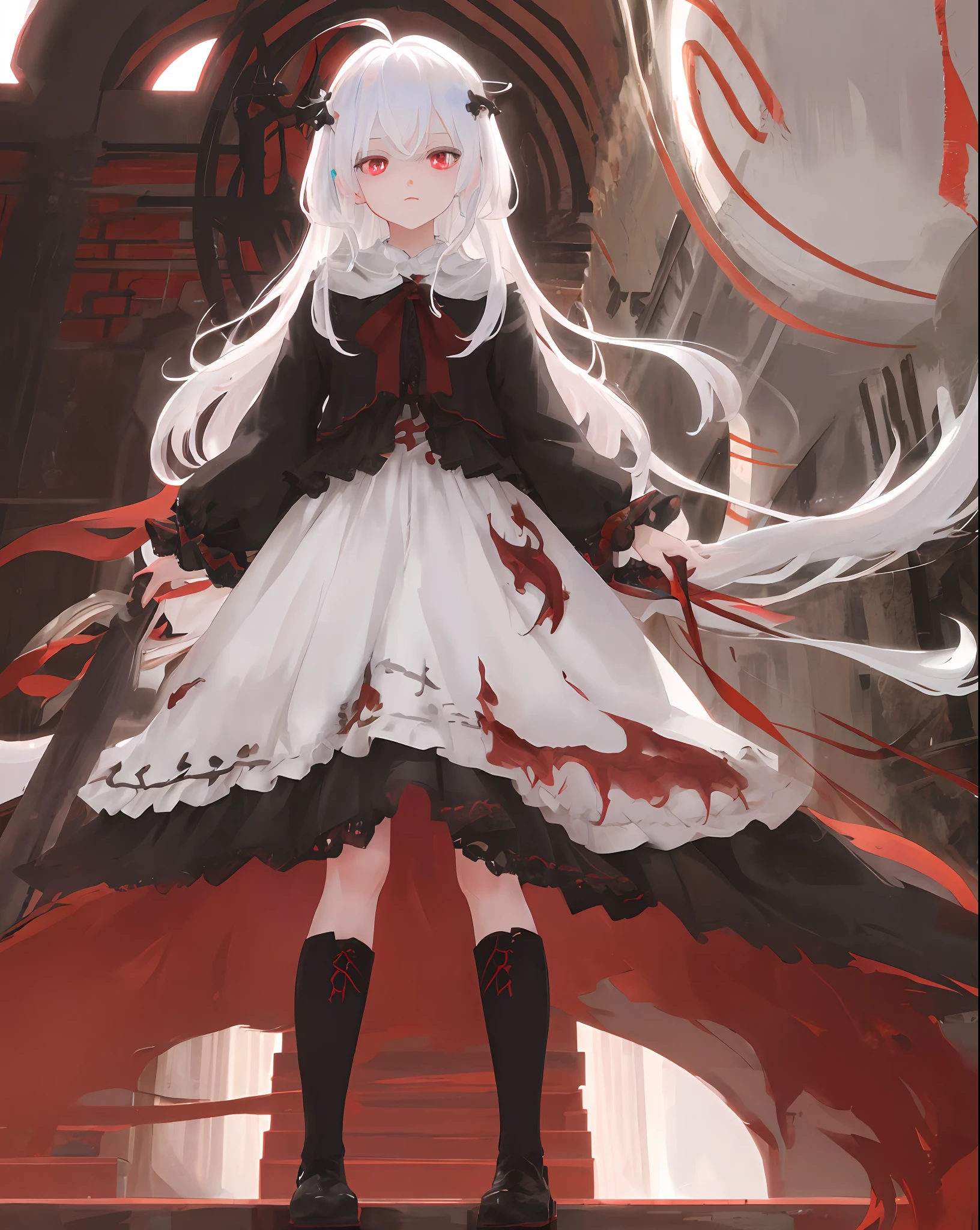 Best quality, 1 girl, white hair, red eyes, blood, gloomy, dark, blackened, crow, demon horn, mature, hatred