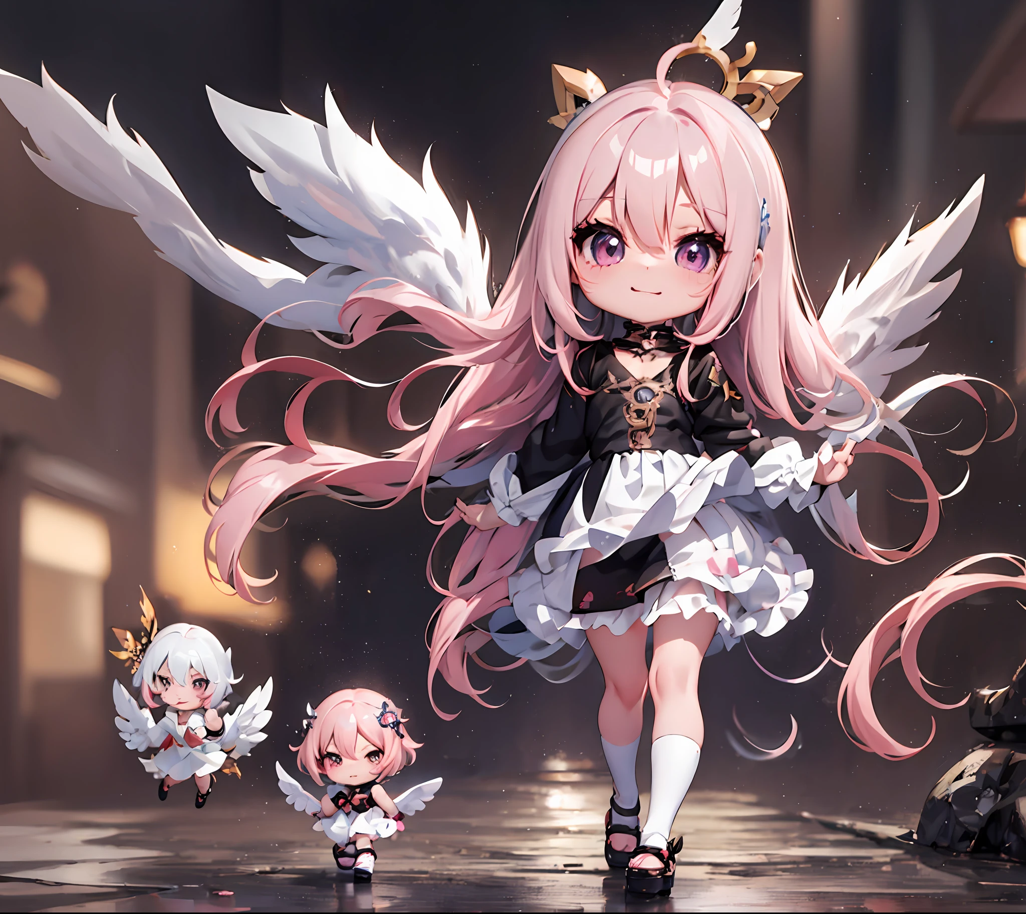 1 anime angel doll, (Chibi: 1.2), 8K high quality detail art, white feathers on the back, pink hair, gradient, twinkle, style as Nendoroid, stylized anime, anime style 4K, cute detailed digital art, Guweiz style artwork, 8K octar rendering photos, advanced digital chibi art, Cute 3d render, anime style, light, glow