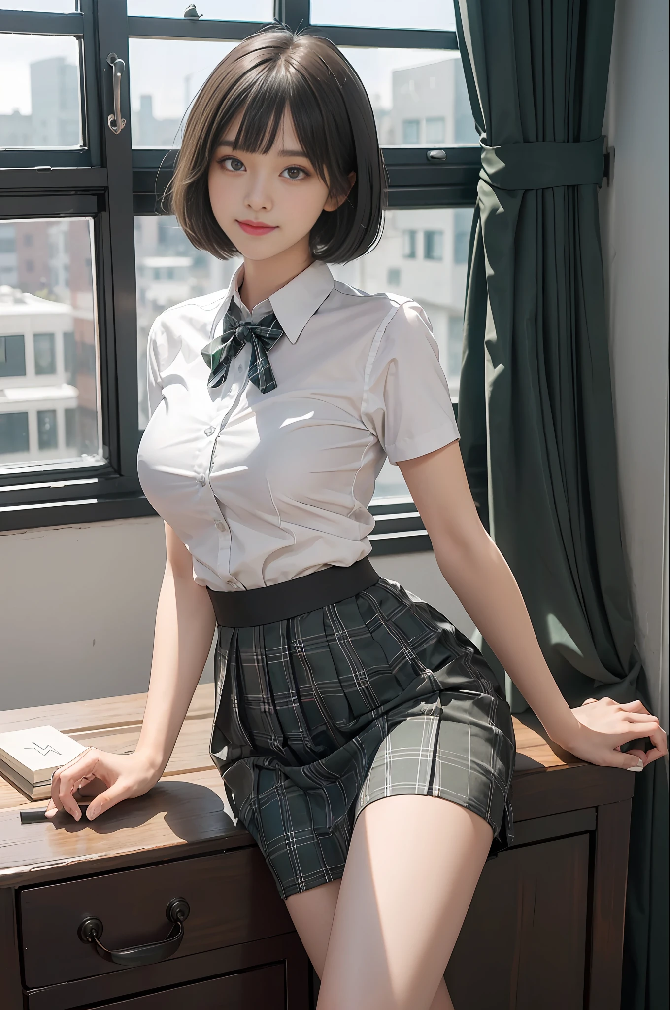 Top quality, RAW photos, super high resolution, various poses like models, smile, 17 year old Korean, very big round breasts, shiny black hair, bob cut, short cut, matching bangs, school uniform, shirt, ribbon, green plaid skirt, hair fastening, beautiful eyes, very thin mouth,, beautiful eyes in detail, cut eyes, dark cheek makeup, long eyelashes, beautiful double eyelidsSit, various poses, like eyeshadow, beautiful slender legs, beautiful knees, school, school classroom, locker, blackboard, curtain, model, etc.