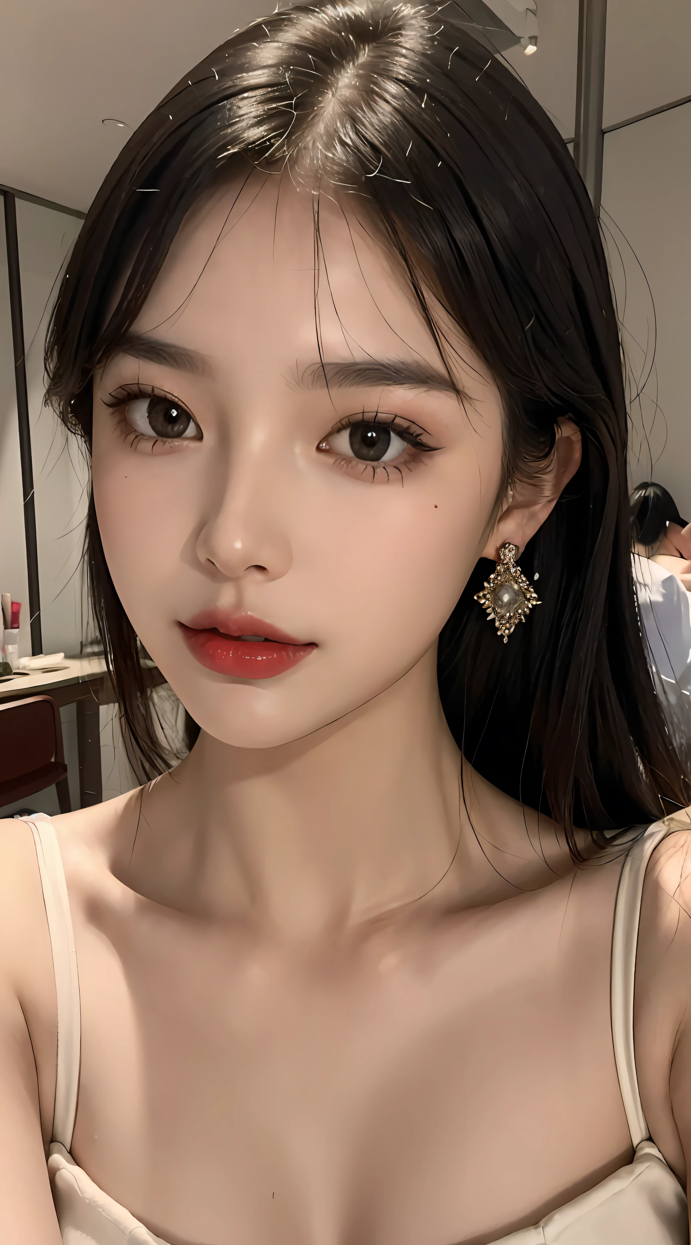 (Masterpiece), Best Quality, 8K Resolution, 3D, Close Shot, A Beautiful Girl, Dress, Perfect Body (Plump), ((Beautiful Detailed Face)), (Upper Body: 1.3), Black Hair (Messy), Delicate Makeup, Red Lips, Oil Lips, Long Eyelashes, With Silver Earrings, Bright Big Eyes, Eye Shadow, Lying Silkworm, Lighting, Cute Girl, Master Works, High Detail, Colorful Picture, Light and Shadow Details, Extremely Delicate Beautiful Girl, Supple and Fair Skin, Delicate facial features, perfect face, stunning beauty, extreme details, realistic details, facing the camera, holding a mobile phone to take a selfie, Clear focus: 1.2, 1girl