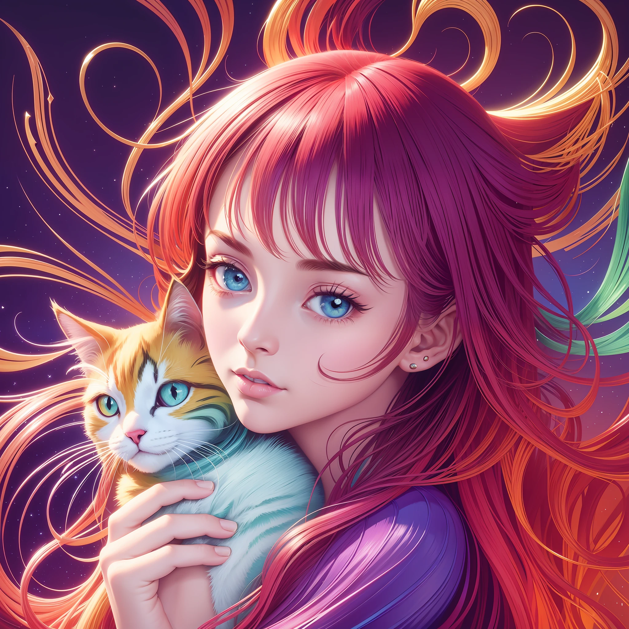 a woman on a holding a cat and arainbow color in a plant, in the style of alex gross, surrealistic dreamscapes, Highly detailed, photorealistic, flat illustration, intricately detailed fluid gouache painting, maximalist photoillustration, 8k resolution,close up, light red and azure, classical portraiture, optical illusions, precisionist --ar 3:4--92--S750--v 5.1 --auto --s2
