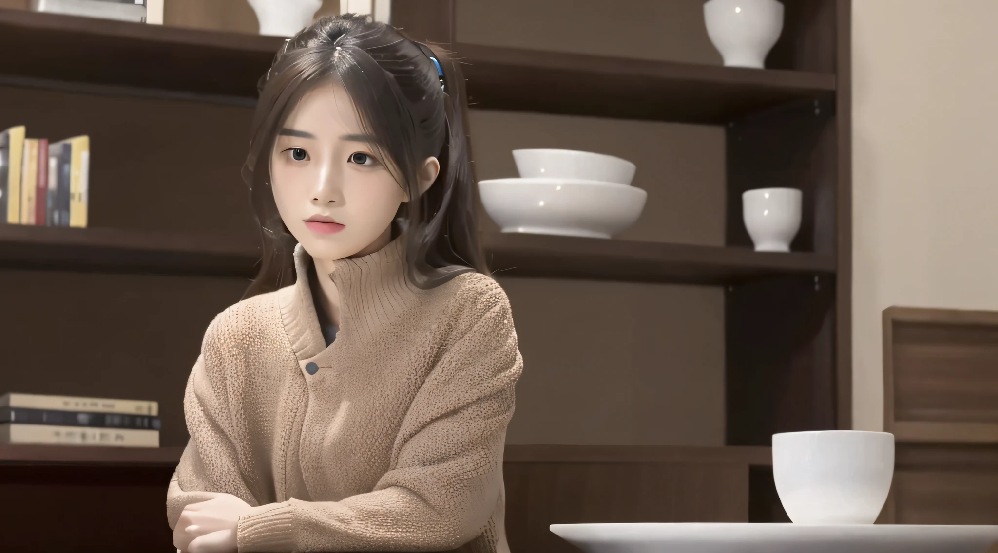 arafed image of a woman sitting at a table with a bookcase in the background, xintong chen, inspired by Ma Yuanyu, cover photo portrait of du juan, li zixin, 千 葉 雄 大, lu ji, 中 元 节, lalisa manobal, yan, xision wu
