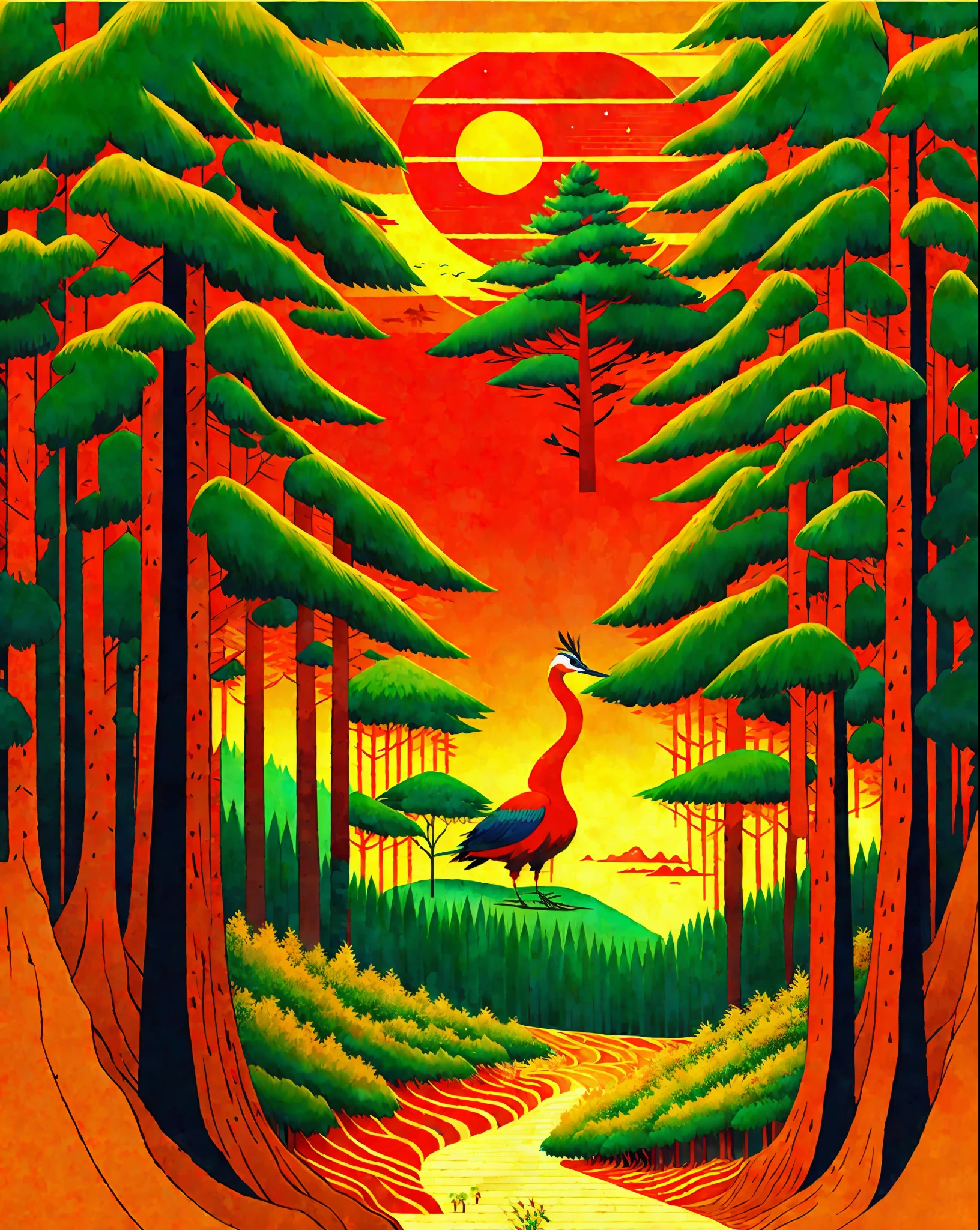 Painting of a japanese crane entering a japanese pine forest, by range murata, a big red sun in the background, front playing card, vector line art, trending in pixiv, anime concept art, awesome, matte, paul gauguin, van gogh