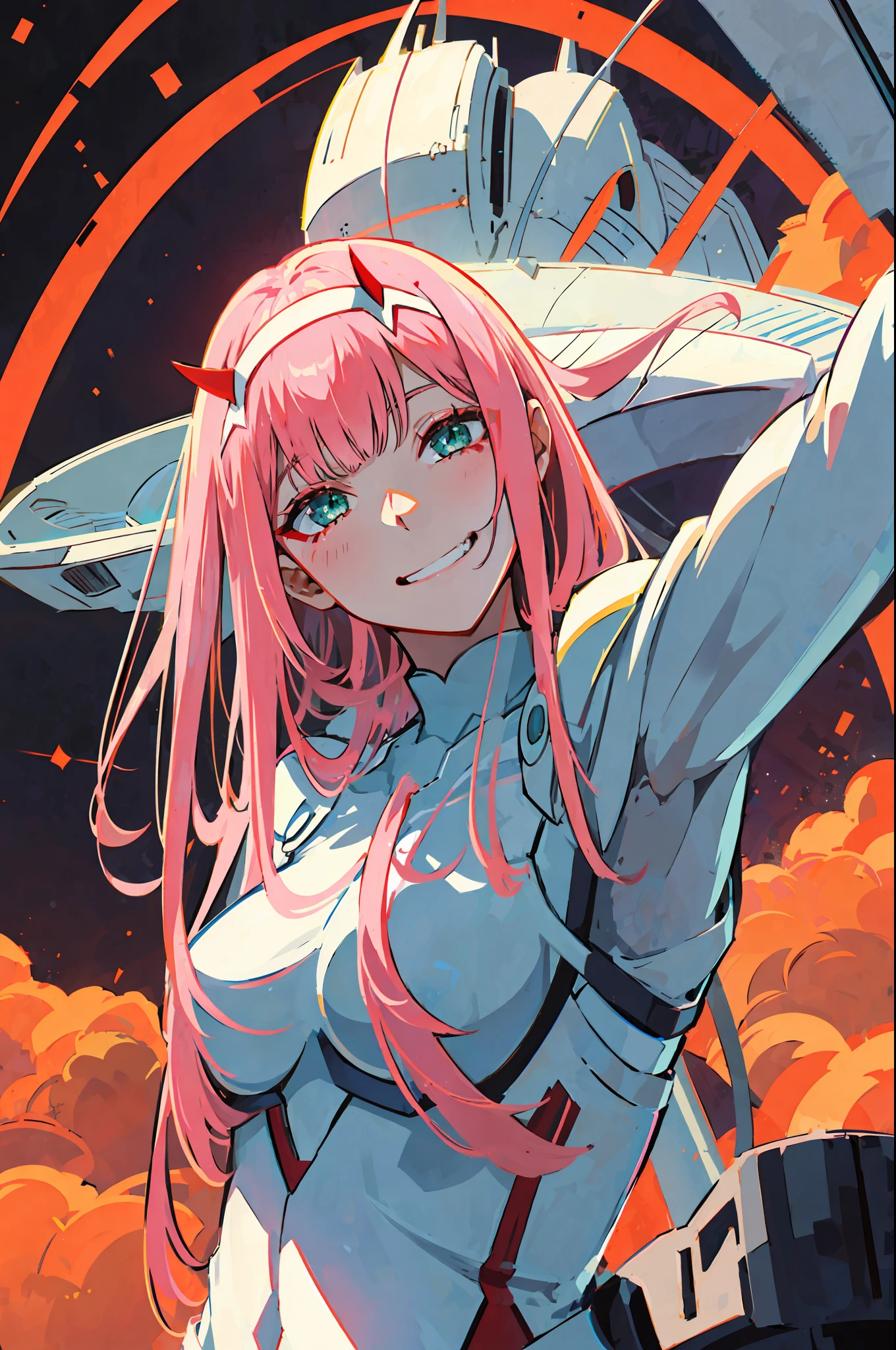 zero two \(darling on franxx\), darling on franxx, 1girl, fringe, selfie, smiling, biting, shadow, green eyes, hair behind head, horns, long hair, makeup, small breasts, pilot suit, white bodysuit, pink hair, red eyeshadow, science fiction, tight skin, solo