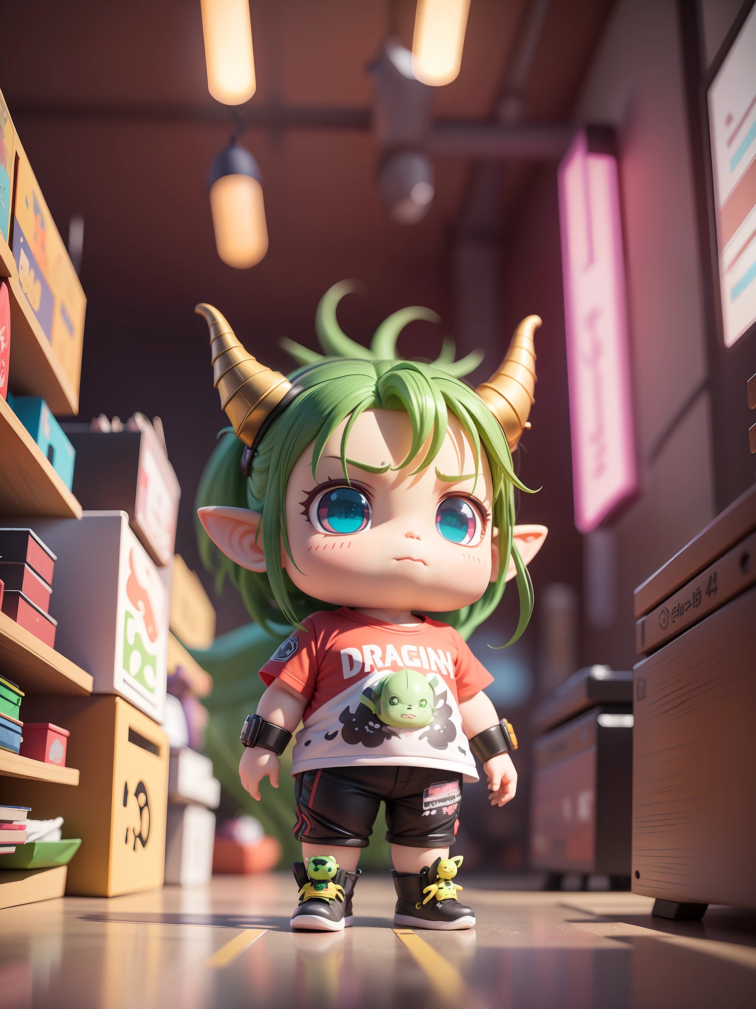 Male, Dragon, Young, Green Dragon, Dragon Head, Dragon Horns, Big Eyes, Three View, (Q Version: 1.1), (Red T-Shirt: 1.3), Character, Cute, Detail, (Cute), , Single, (Full Body: 1.3), Chubby, Ull Body, Chibi, dragon_real, Blind Box Toy Style, Pop Mart Style, Cyberpunk, Pop Mart IP, Mockup Blind Box, Studio Light, Front View, 3D Rendering, C4D, octane rendering, blender, super high quality, super high definition, super high detail, 8K --AR 9:16 --niji 5 --stylistic expression