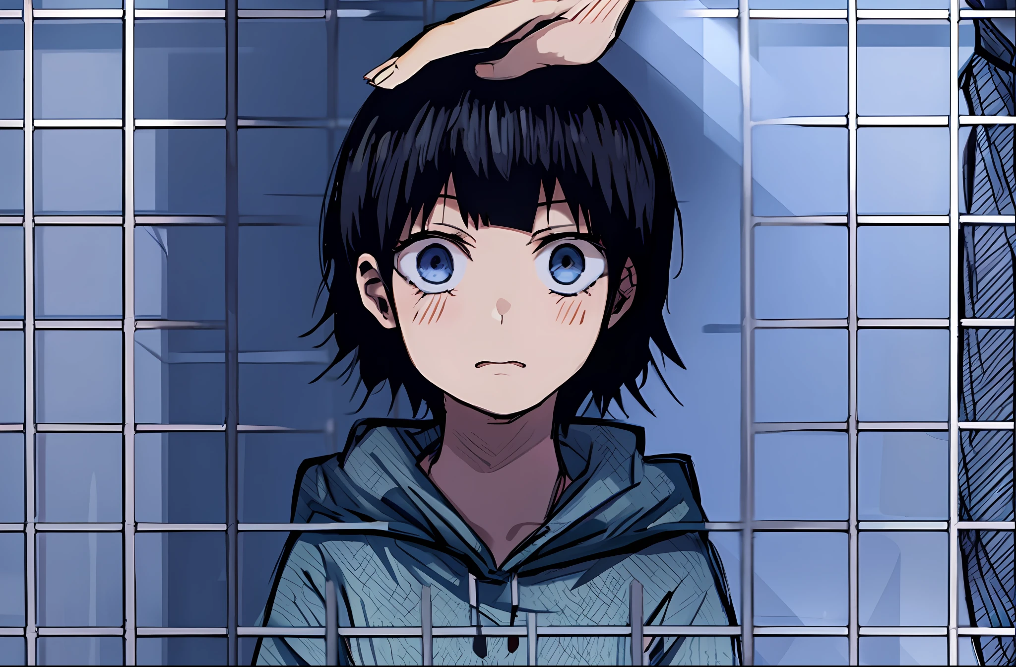 anime girl with hand on her head in jail cell, manga color, color manga, color manga panel