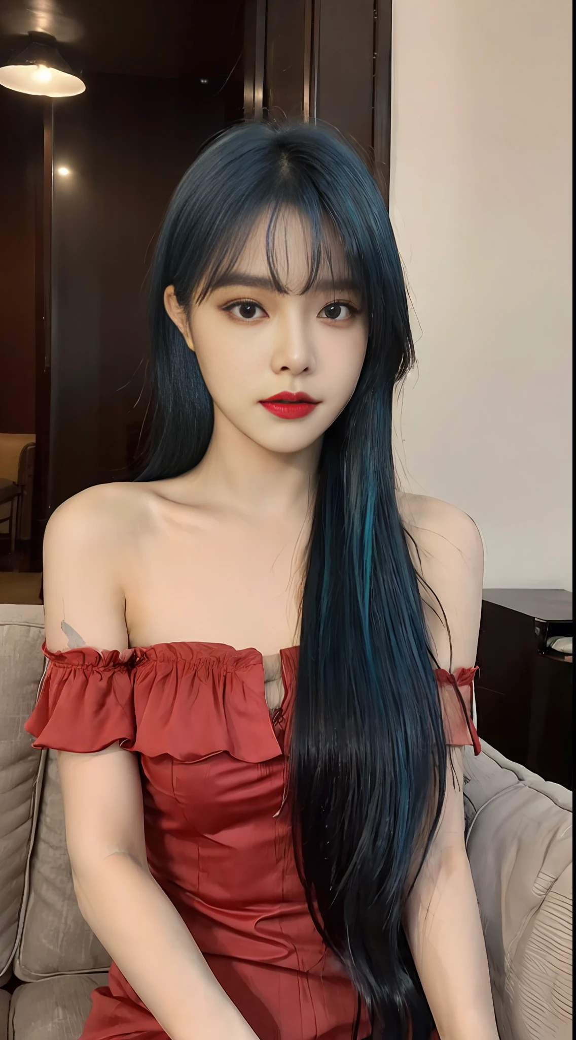 ((Best Quality, 8k, Masterpiece: 1.3)), Focus: 1.2, Perfect Body Beauty: 1.4, : 1.2, ((Turquoise Blue hair)) ((Layered cut: 1.2, Buttoned hairstyle)), (City Night 1.3), Highly detailed face and skin texture, Fine eyes, Double eyelids, Whitened skin, Long hair, (Round face: 1.5), (Red evening dress: 1.6) Indoor, window, sofa