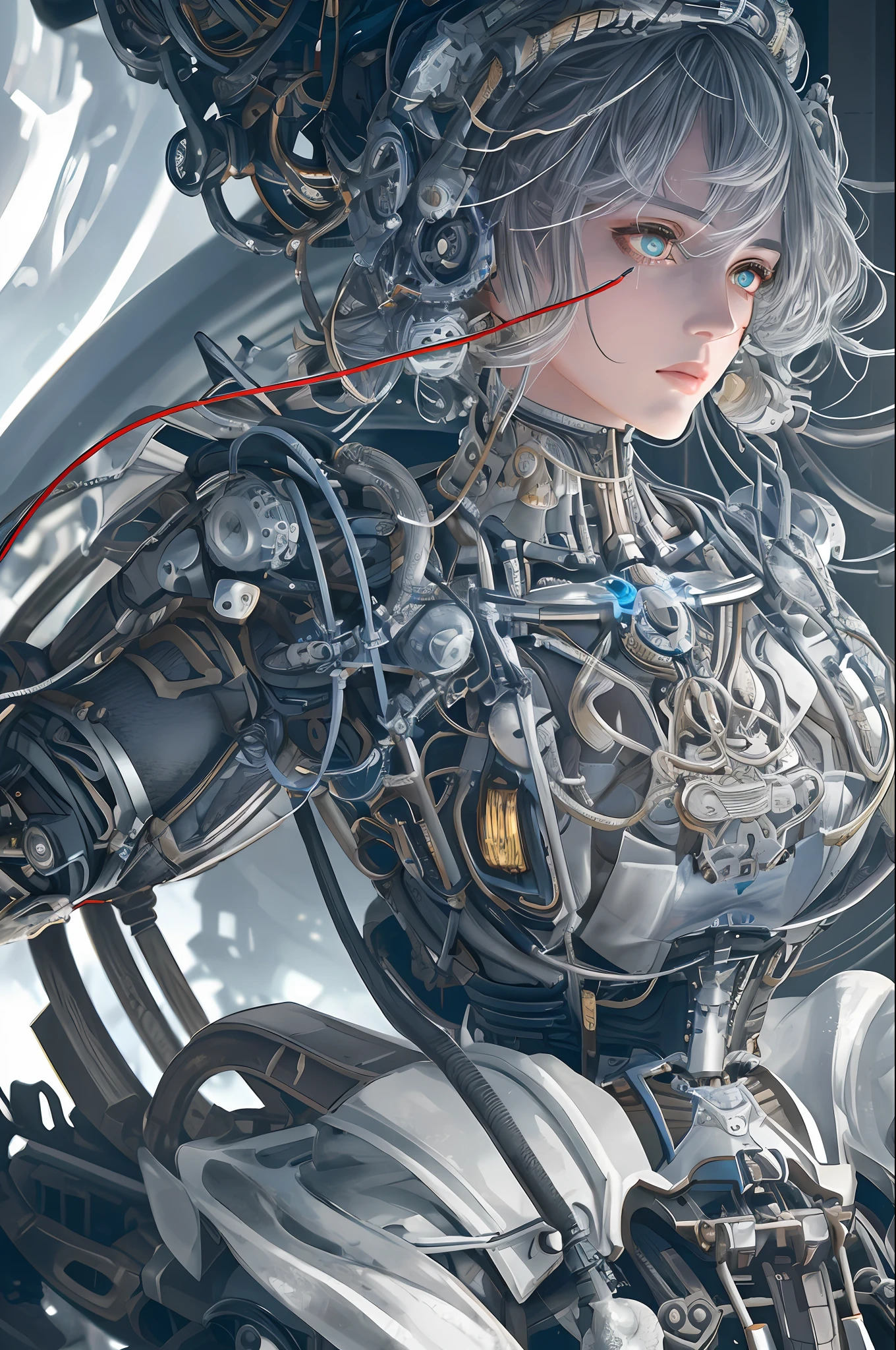 1mechanical girl,((ultra realistic details)), portrait, global illumination, shadows, octane render, 8k, ultra sharp,metal,intricate, ornaments detailed, cold colors, egypician detail, highly intricate details, realistic light, trending on cgsociety, glowing eyes, facing camera, neon details, machanical limbs,blood vessels connected to tubes,mechanical vertebra attaching to back,mechanical cervial attaching to neck,sitting,wires and cables connecting to head