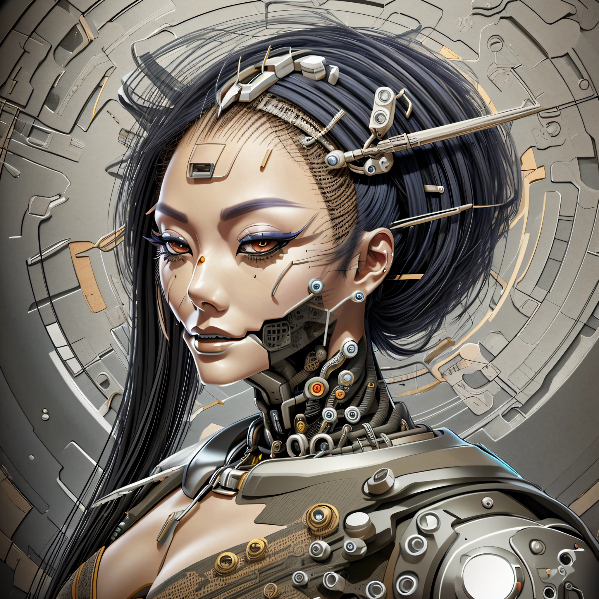 geisha cyborg detailed 6k full focus part of robotic face full of sharp details