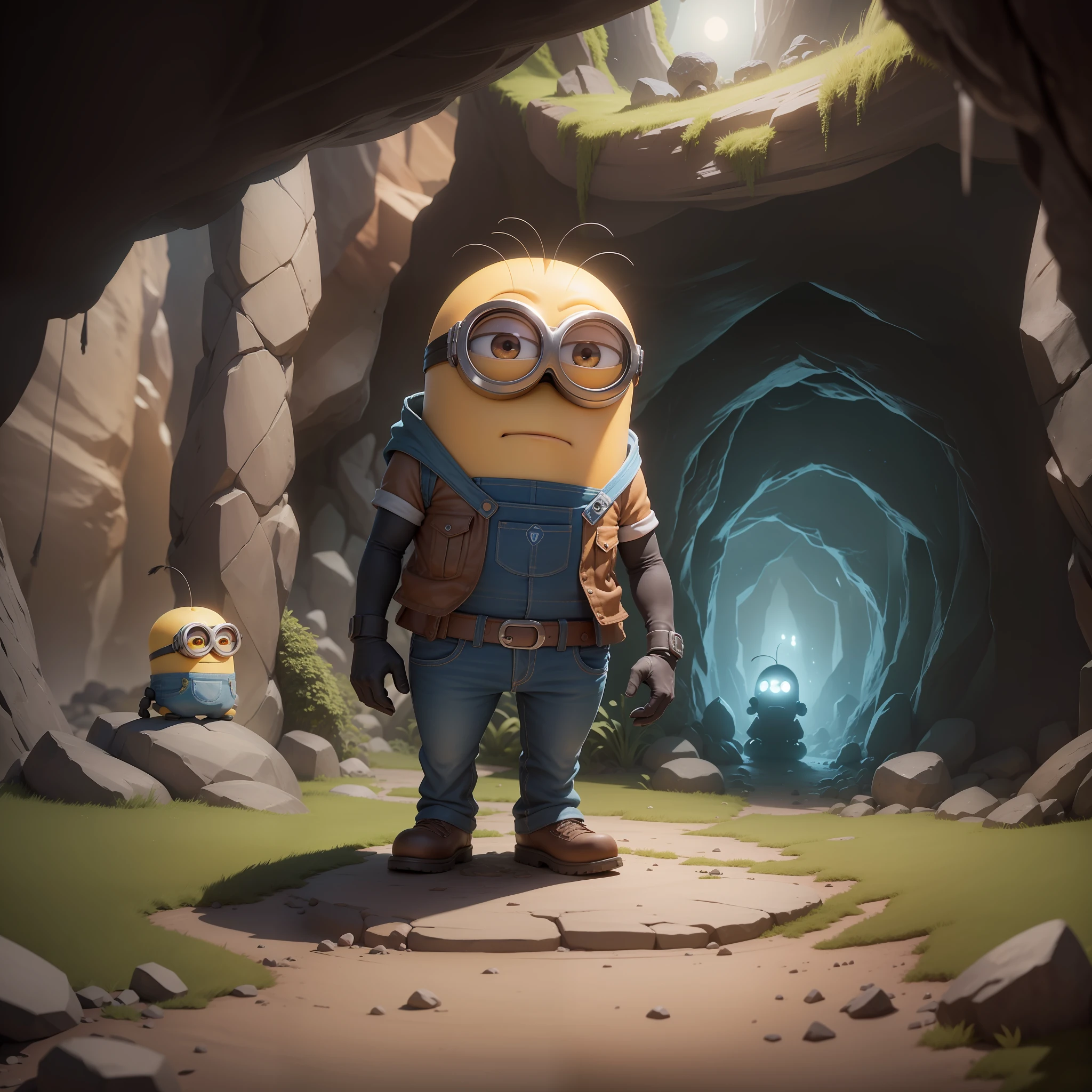 "Minions from the film, Despicable Me, appearing realistically, (3d rending work), (in an environment inside a cave in the dark, with low light illuminating the environment and a lawn surrounding the scenery)"
