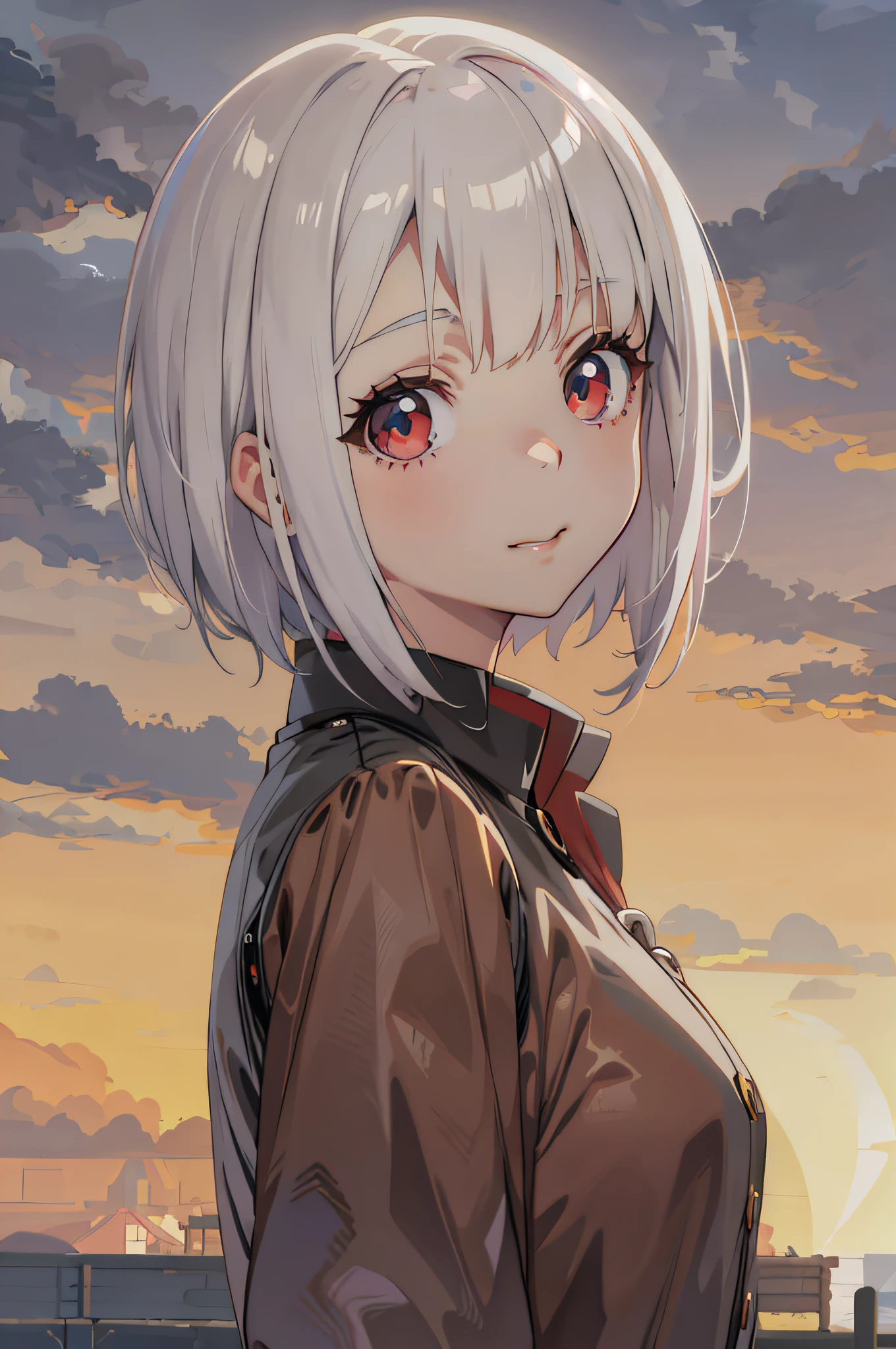 anime girl with white hair and brown shirt looking at the camera, anime visual of a cute girl, girl with short white hair, anime. soft lighting, best anime 4k konachan wallpaper, girl with white hair, beautiful anime portrait, portrait anime girl, smooth anime cg art, ilya kuvshinov. 4 k, official art, portrait of an anime girl