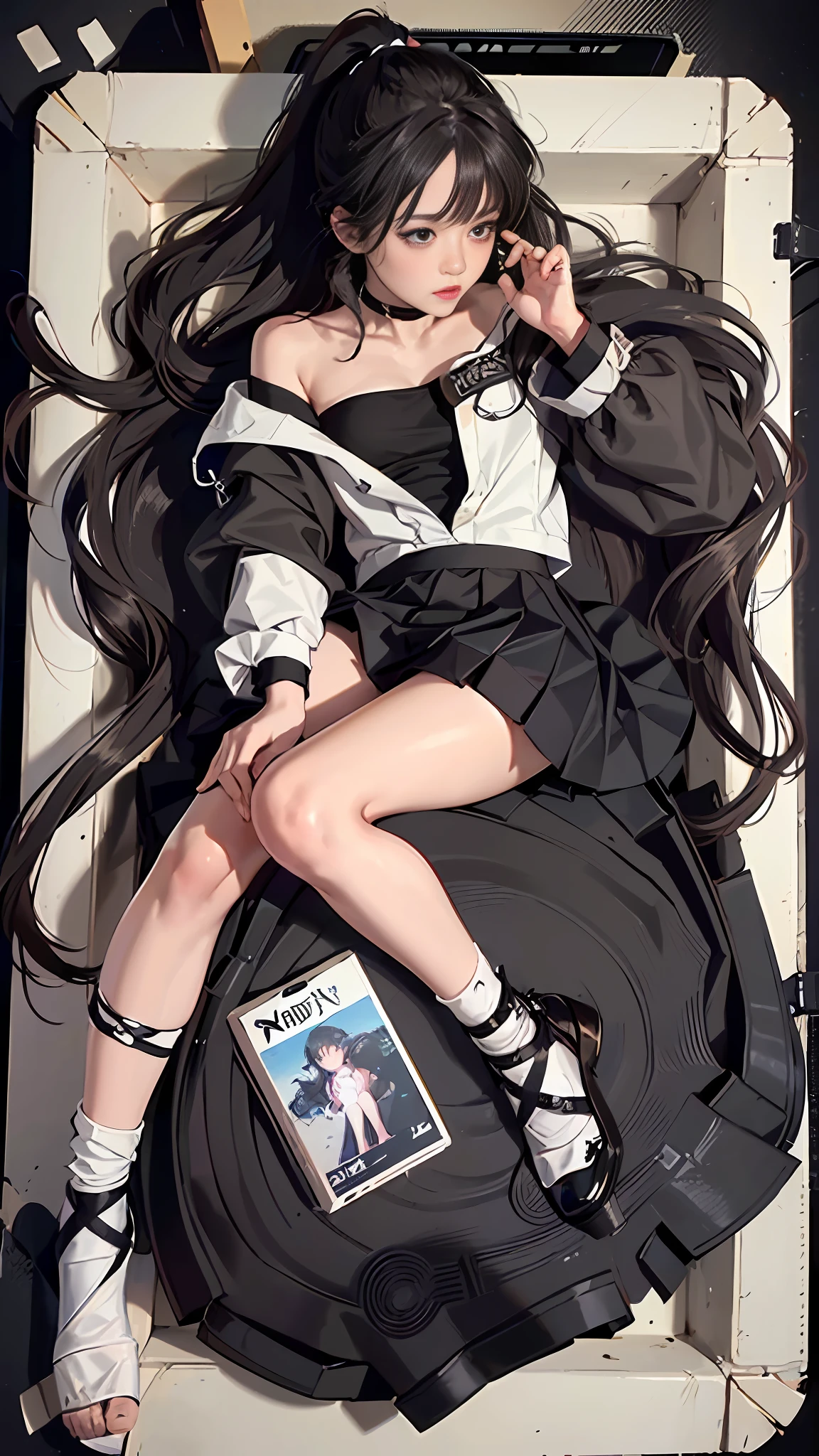 (a brown double ponytail long hair black miniskirt girl curled up in box: 1.5), girl in express box, (top view view: 1.3), knees up, legs bent, full body, jk uniform, (long legs: 1.3), (masterpiece), (best quality), realistic, cinematic light, cool pose, perfect figure,