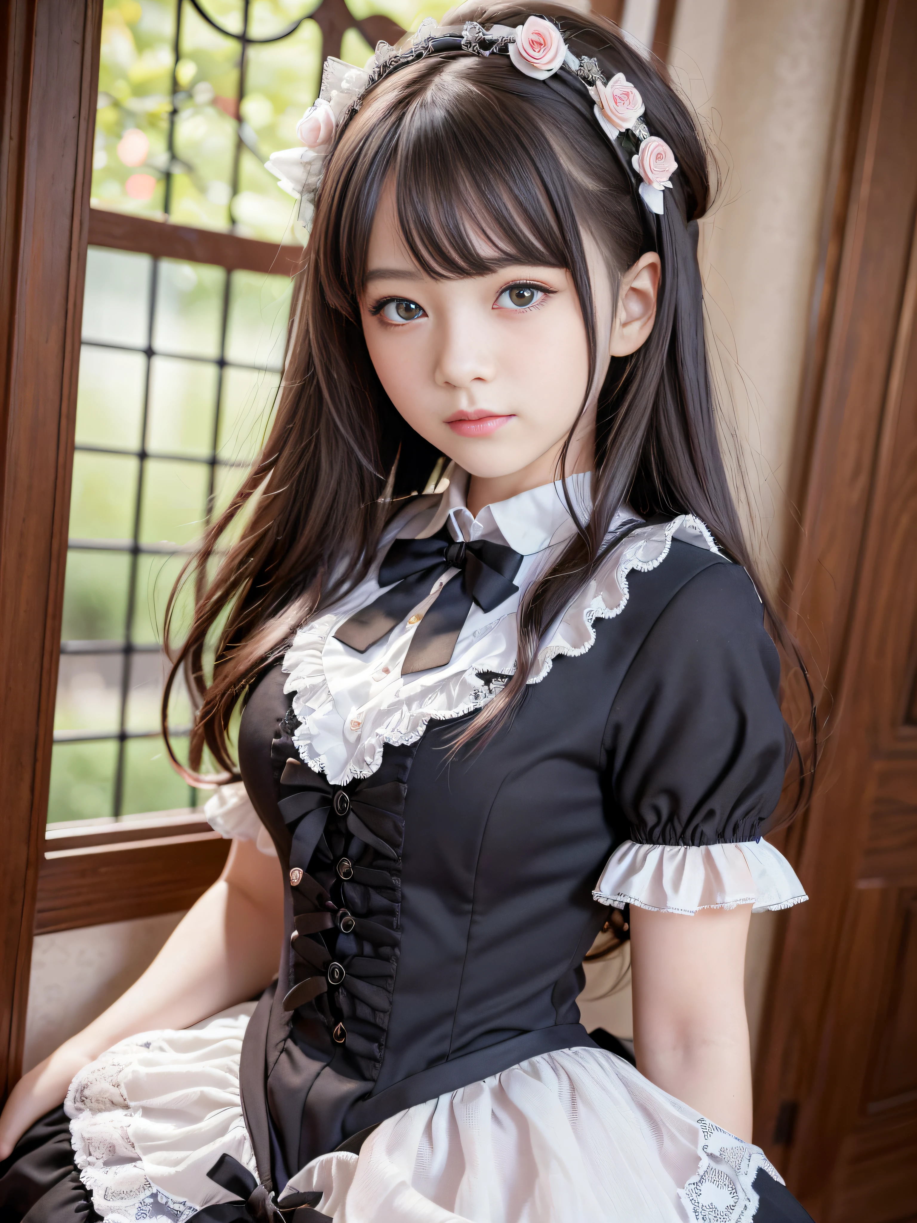 1 nogizaka girl, utterly cute, bishojo, yo, (gothic lolita fashion), an exquisitely detailed and beautiful face and eyes and skin, detailed black shine hair, elegant frills, frilled tie, ribbon tie, rose hair accessory, (smile at the camera), (cowboy shot), (castle in europe), professional lighting, BREAK, (realistic, photo-realistic:1.37), 8k, (masterpiece), (best quality:1.4), (ultra high res:1.2), (RAW photo:1.2), (a dress with delicate lace, soft fabric, and a beautiful rose pattern), perfect anatomy, 4fingers and 1thumbs, ultra detailed background, (unity 8k wallpaper)
