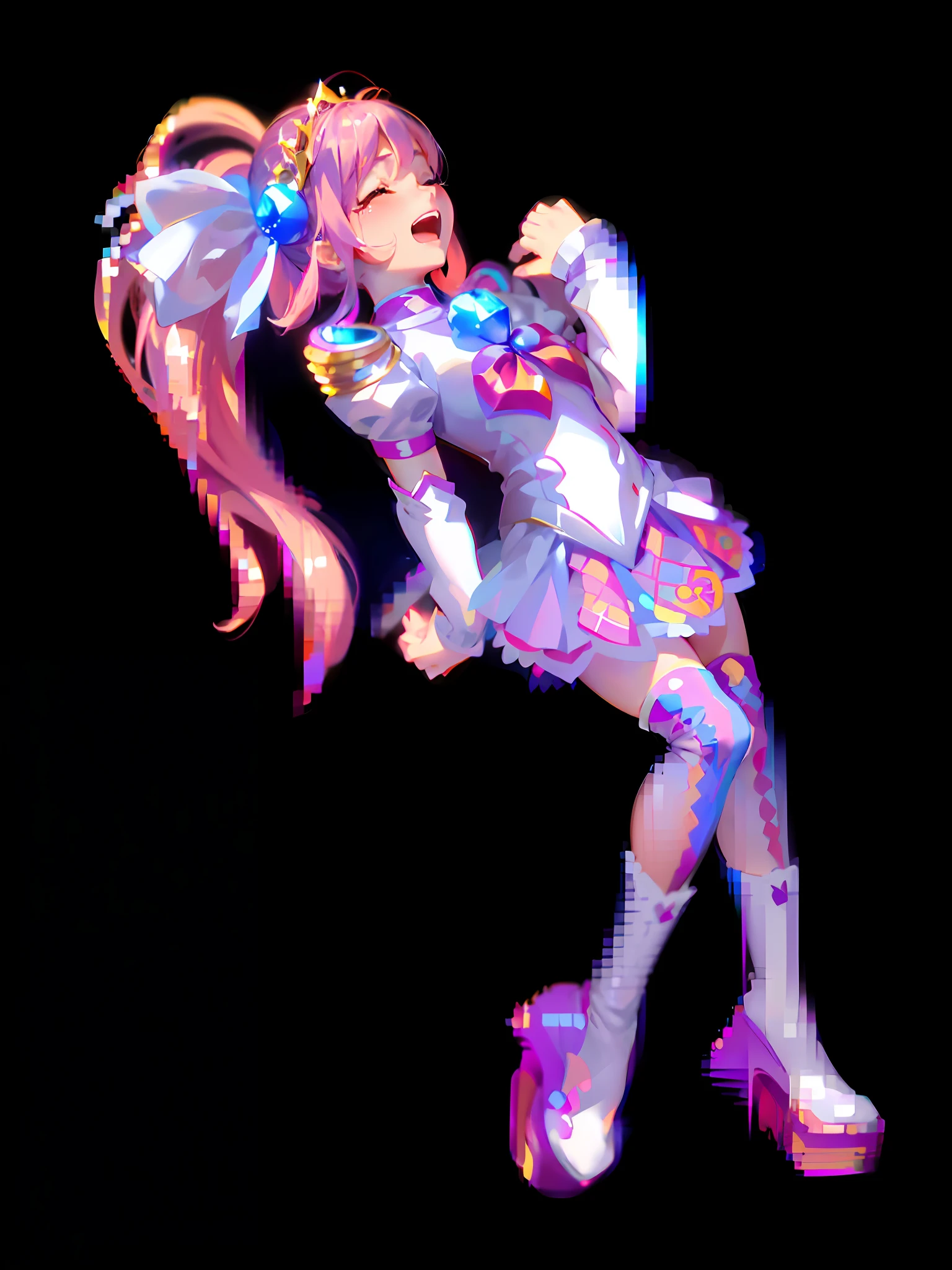 ((Cute + Dynamic: 1.2), (Masterpiece: 1.5), (Best Quality: 1.5), Hand drawn 8K wallpaper, 1 girl, closed eyes, slightly open mouth, perfect hands, fair skin, beautiful expression of beating and crying, single ponytail+ (pink hair: 1.3), beautifully hand-painted, flowing long hair, glamorous sight, white shirt + pink skirt + over-the-knee socks: (1.2), fine tiara, white boots: (1.2), smooth legs: (1.2), no background: (1.5)),
