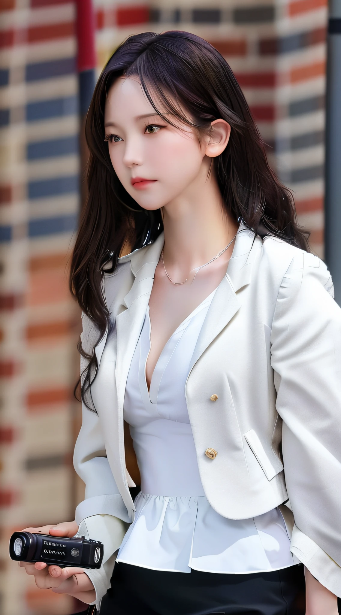 best quality, masterpiece, 1 girl, beautiful face, (photo photo:1.3), edge lighting, (high detail skin:1.2), 8k ultra hd, dslr camera, high quality, high resolution, 4k, 8k, bokeh, absurd, best ratio four fingers and one thumb, (realistic:1.3), cute 1girl, wearing white formal blazer, medium breasts, white short skirt,