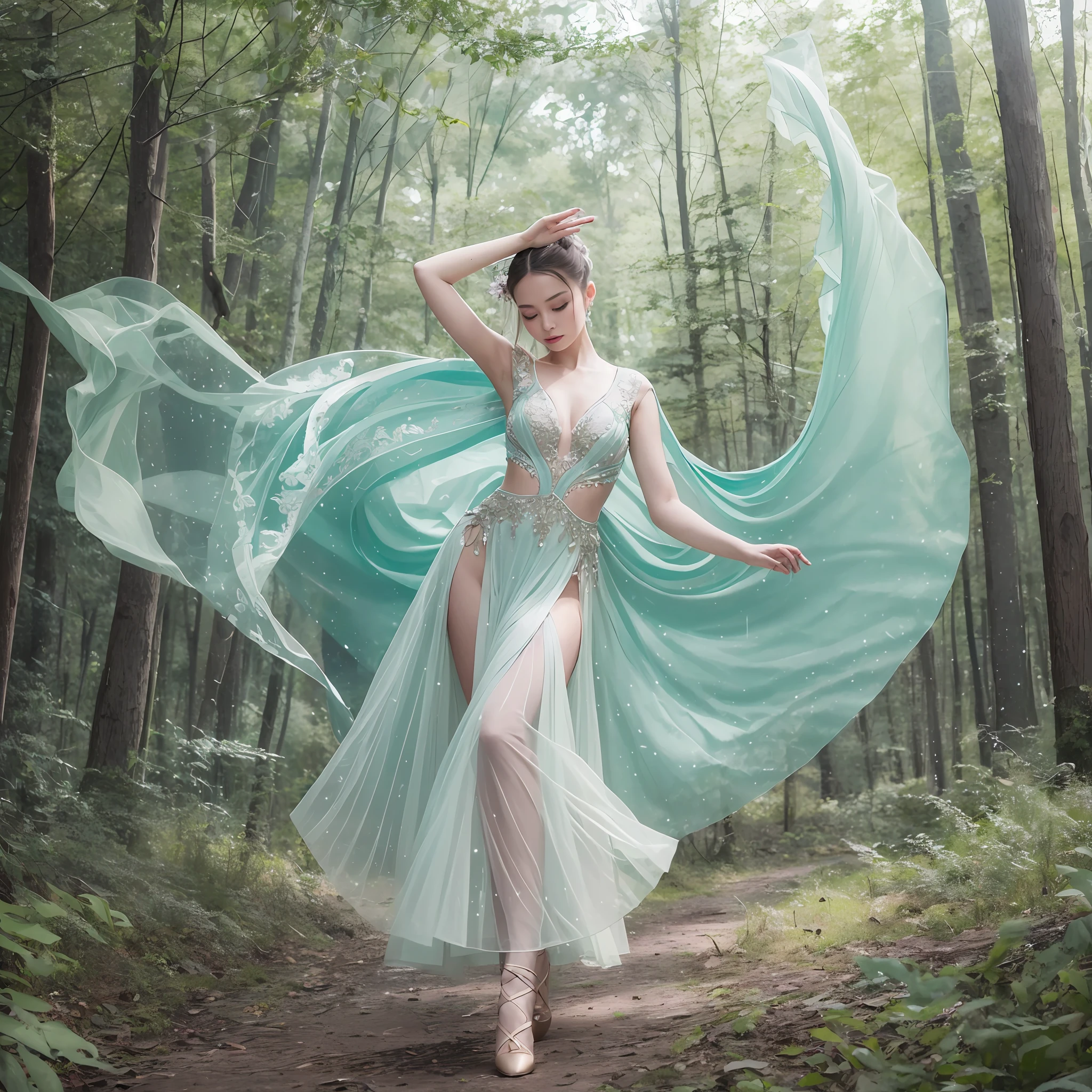 A color photo of a dance performance, beautiful angel face,realitic,set against a backdrop of a mystical forest. The dancer is wearing an elegant and flowing costume, with long trailing sleeves that resemble feathered wings. The dancer's movements are graceful and fluid, as if she is gliding through the air. The atmosphere is enchanting and ethereal. The photo utilizes specific camera settings, including a particular camera model, film type, and lens techniques. A collaboration of creative professionals from various fields will work together to uniquely capture the beauty and magic of the dance.