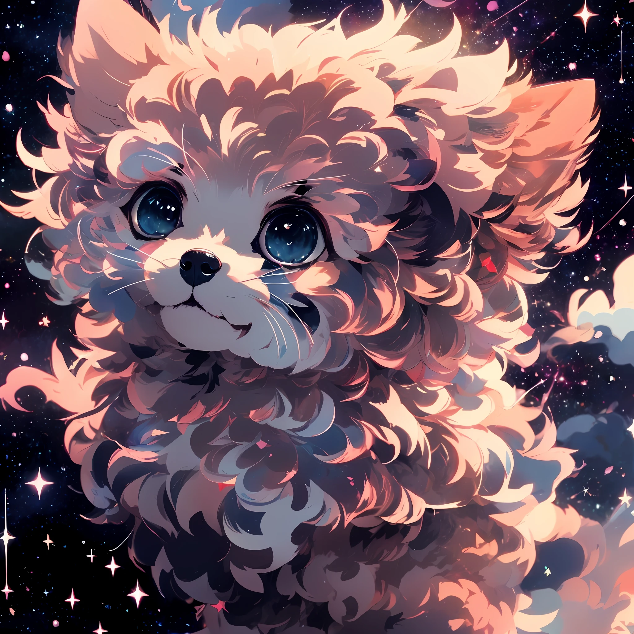 Anime art wallpaper, starry sky on background, puppy, puppy head appearance, 4K transparency. Realistic and cute anime toy poodle drawn in detail, digital art style. 8K high-definition digital animation wallpaper, ultra high definition value, small and cute, shows the most exquisite digital animation art.