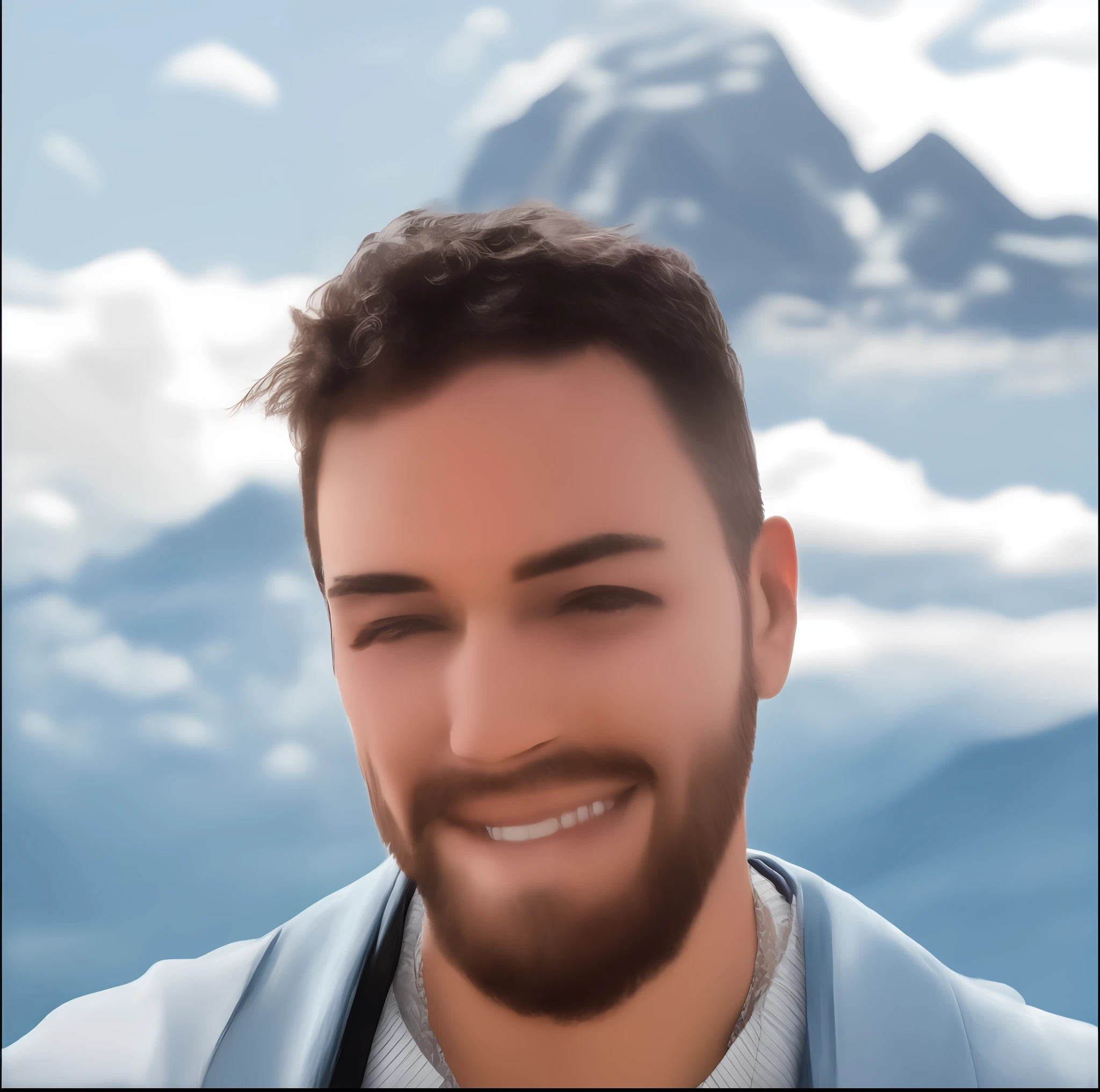 man with a beard and a smile in front of a mountain, high quality portrait, portrait of a young italian male, with mountains in the background, with mountains in background, mountains in the background, singer maluma, profile portrait, headshot profile picture, avatar image, headshot portrait,