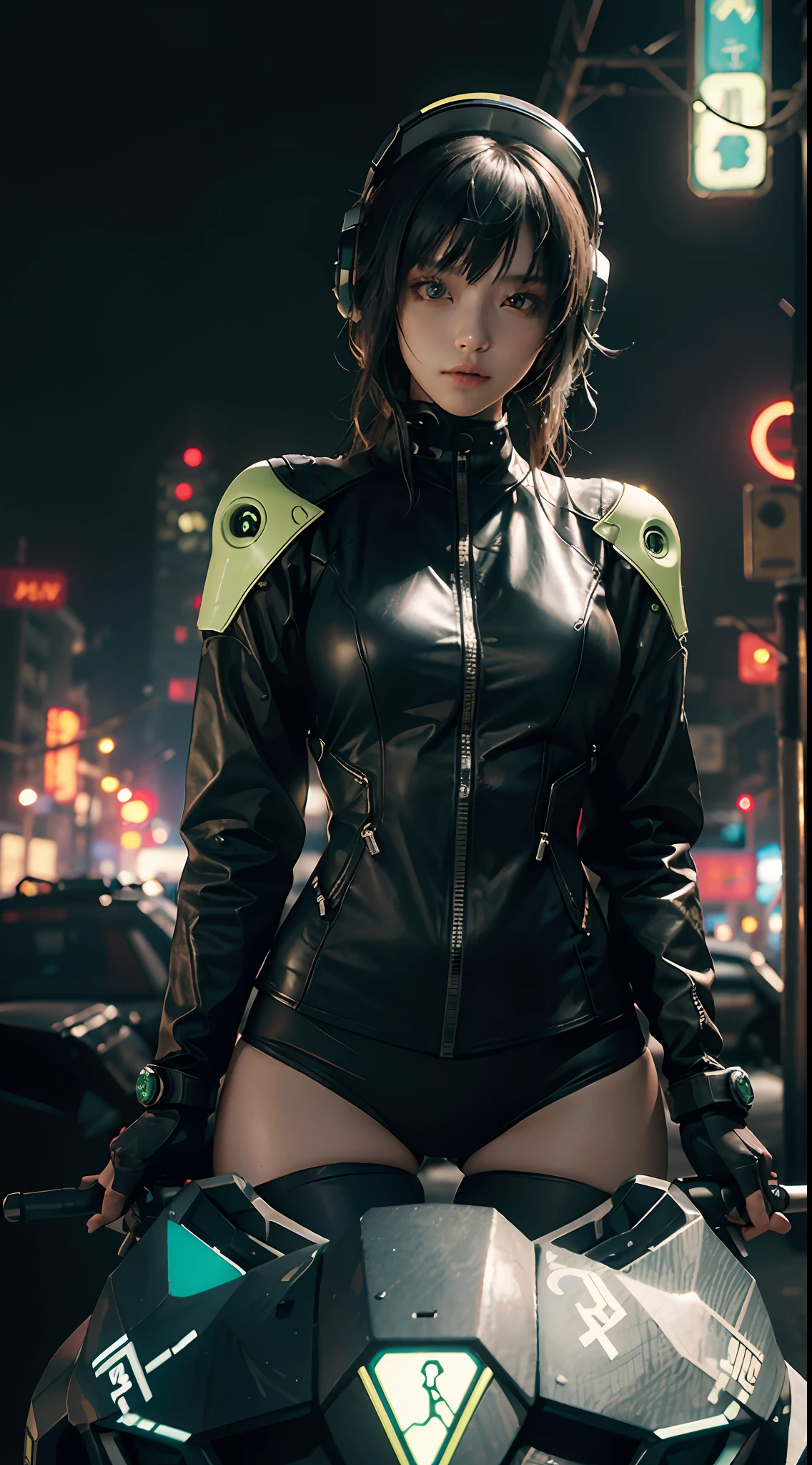 (an artistic photo of a cyberpunk prostitute), full body photo, centered, (Very detailed: 1.2), (Intricate neon slum in background: 1.1), Ultra-detailed, (Soft light: 1.2), High resolution, cinematic grain, highest quality, outstanding detail, Ultra high resolution, (Realism: 1.4), Best illustration, Favor details, Highly condensed 1girl, with a delicate and beautiful face, dressed in a black-green mech, wearing a mecha helmet, holding a directional controller, riding on a motorcycle, the background is a high-tech lighting scene of the future city.