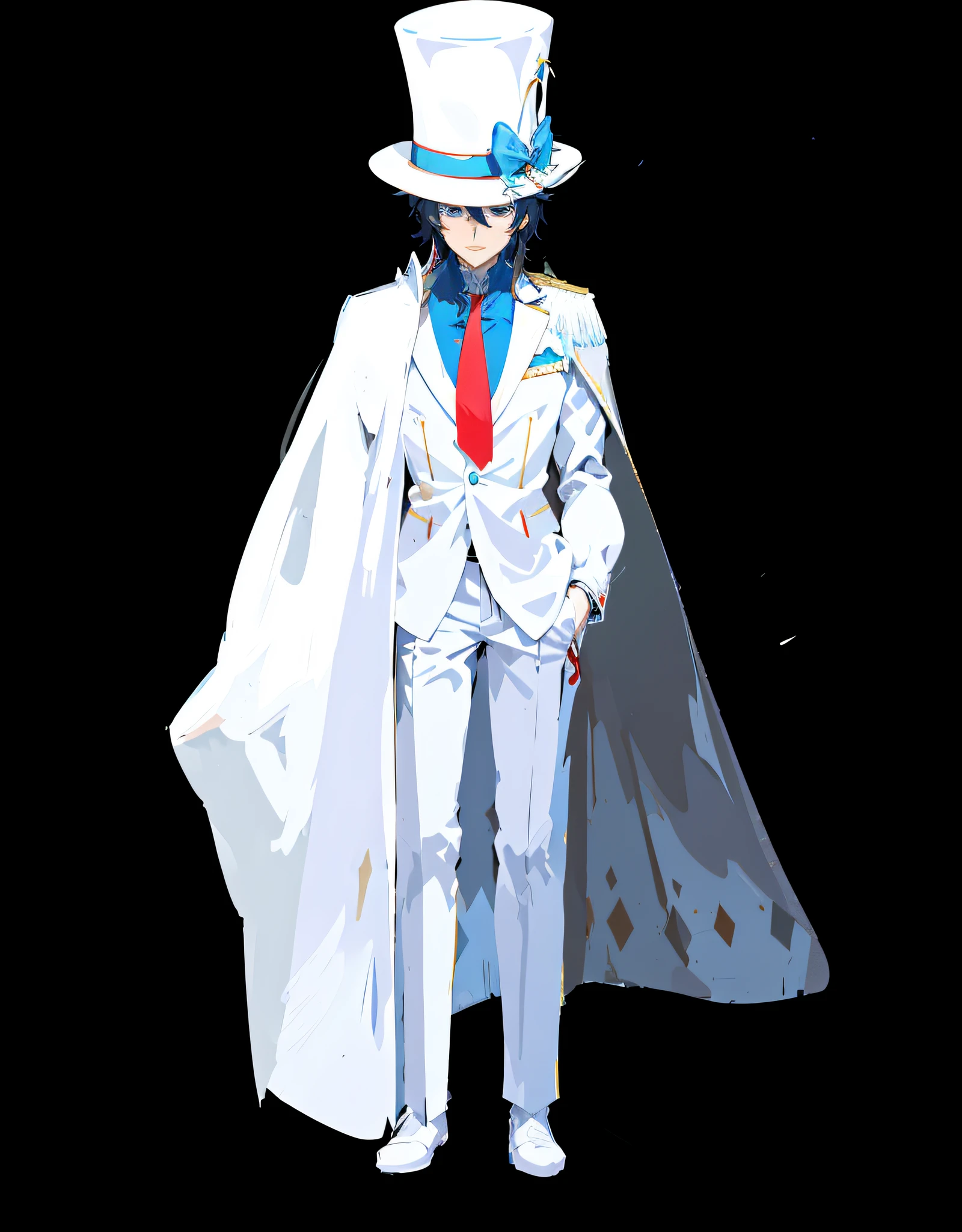 anime character dressed in white suit and red tie with cape, tall anime guy with blue eyes, 2 d anime, 2 d anime style, in a flowing white tailcoat, white suit and hat, 2 d art, 2d art, yu - no, trigger anime artstyle, full_body!!, anime character; full body art, white cyan