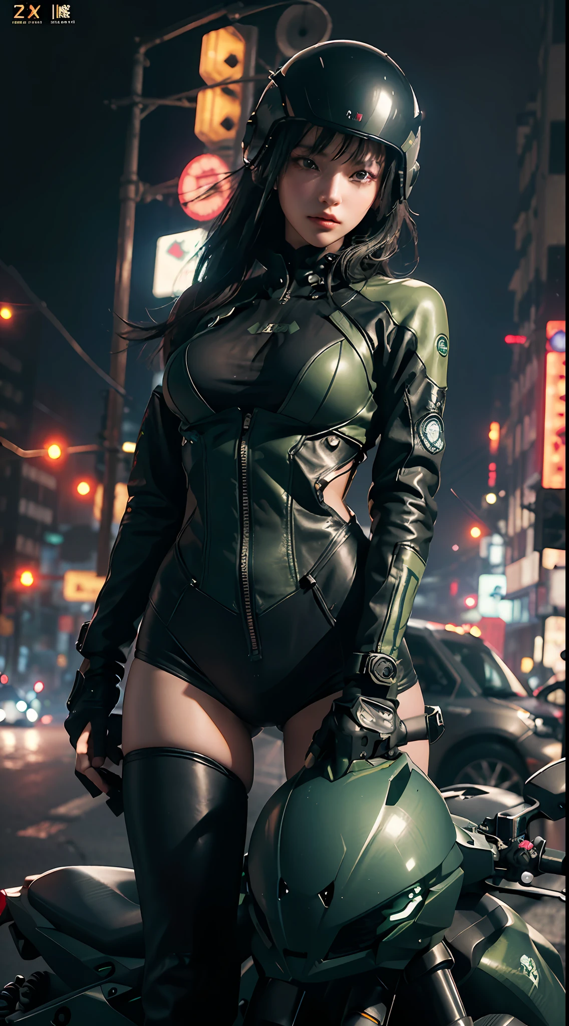 (an artistic photo of a cyberpunk prostitute), full body photo, centered, (Very detailed: 1.2), (Intricate neon slum in background: 1.1), Ultra-detailed, (Soft light: 1.2), High resolution, cinematic grain, highest quality, outstanding detail, Ultra high resolution, (Realism: 1.4), Best illustration, Favor details, Highly condensed 1girl, with a delicate and beautiful face, dressed in a black-green mech, wearing a mecha helmet, holding a directional controller, riding on a motorcycle, the background is a high-tech lighting scene of the future city.