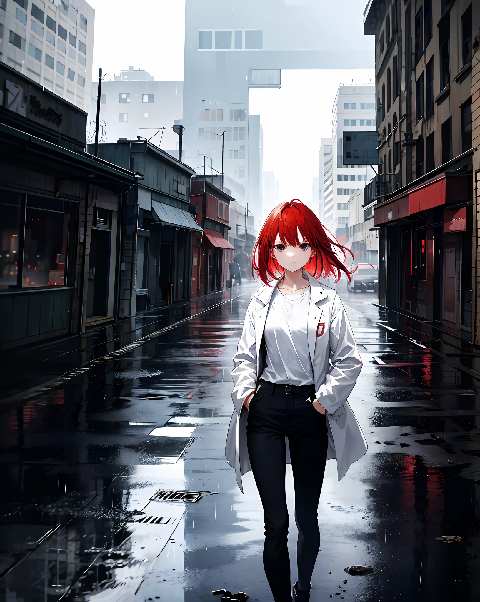 1girl,solo, standing,cowboy shot, prts, red hair,white shirt,white coat,outdoors,rain,cityscape, ruins,ruined_city,hand in pocket,