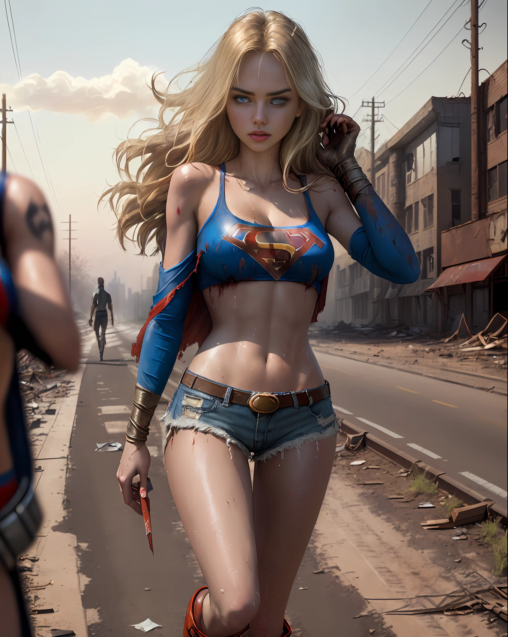 Yael Shelbia (Supergirl beautiful and bold, seductive and attractive, blue eyes, pointed breasts, long blonde hair and, sweaty body, open shirt with superman S symbol, short shorts, me, red boot, thick legs). (deserted road, dirt road, blood, smoke, abandoned cars, newspapers, abandoned objects, bodies lying on the ground, abandoned road, apocalyptic scenery, cinematic effect), (Best quality, masterpiece, depth of field, Full HD, 4K, richness of detail). Portrait style