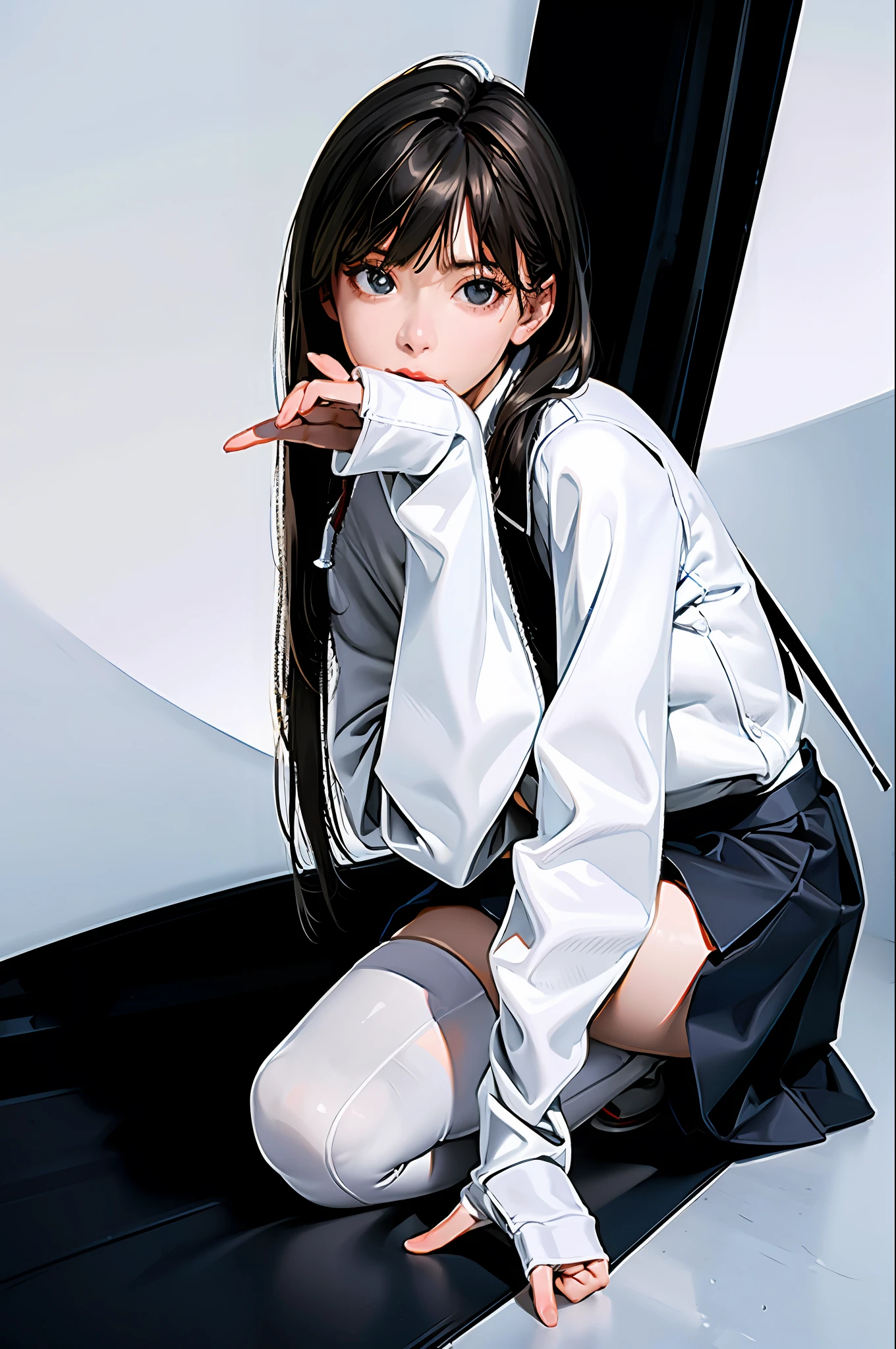 ((masterpiece, best_quality)), 1girl, (photorealistic:1.4), solo, white_background, black_hair, long_hair, zettai_ryouiki, skirt, ((full_body)),