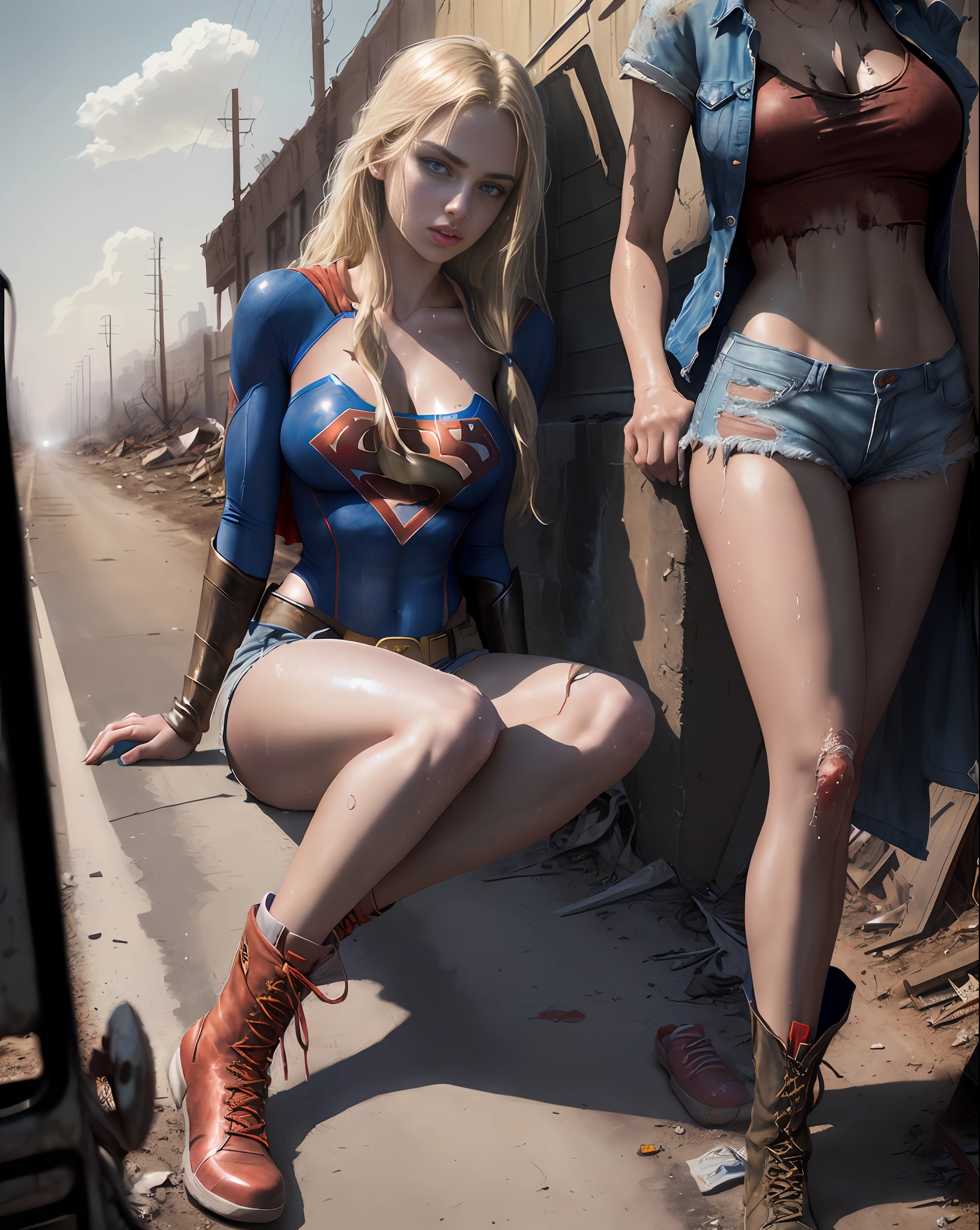 Yael Shelbia (Supergirl beautiful and bold, seductive and attractive, blue eyes, pointed breasts, long blonde hair and, sweaty body, open shirt with superman S symbol, short shorts, me, red boot, thick legs). (deserted road, dirt road, blood, smoke, abandoned cars, newspapers, abandoned objects, bodies lying on the ground, abandoned road, apocalyptic scenery, cinematic effect), (Best quality, masterpiece, depth of field, Full HD, 4K, richness of detail). Portrait style