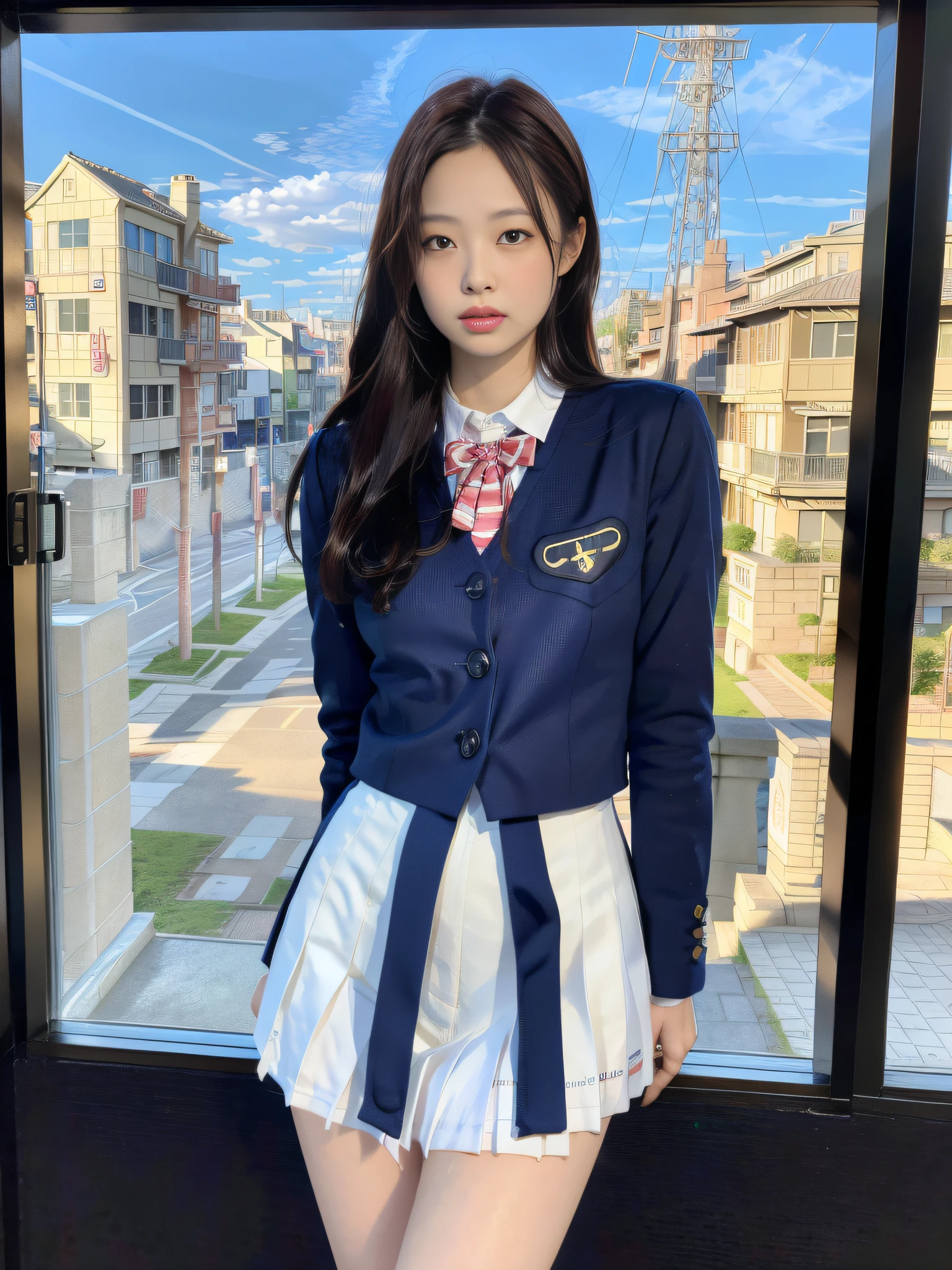 ulzzang-6500-v1.1, (raw photo:1.2), (photorealistic:1.4), beautiful detailed girl, very detailed eyes and face, beautiful detailed eyes, ridiculous, incredibly ridiculous, huge file size, super detailed, high resolution, very detailed, best quality, masterpiece, kemomimi, jennie face, wearing ((Japanese girls' high school uniform)), standing pose, full body, illustration, Very detailed, CG, unity, 8k wallpaper, amazing, fine details, masterpiece, best quality, very detailed CG unified 8k wallpaper, face light, movie lighting, 1girl, (((dynamic pose))),