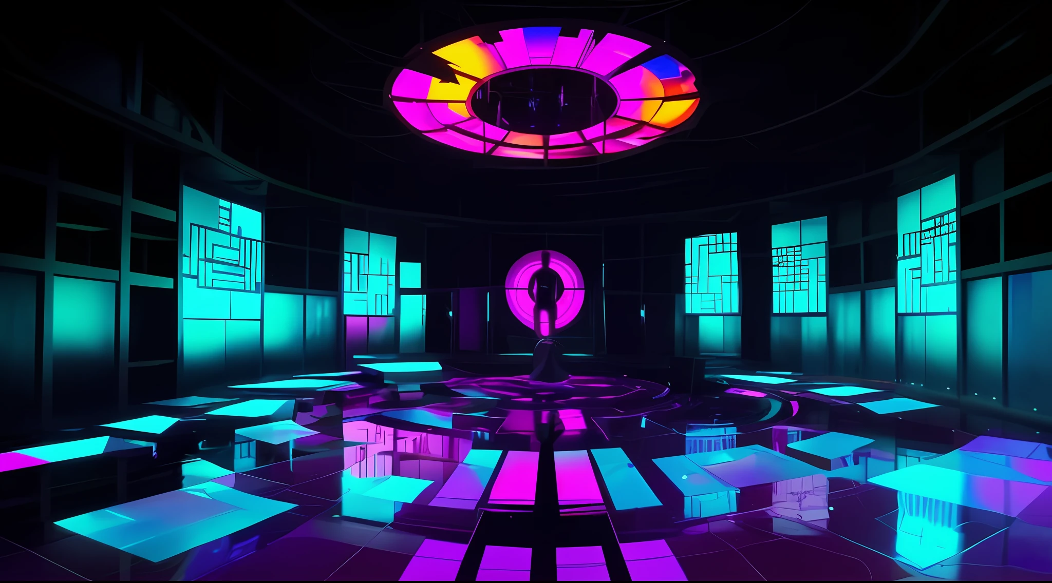 Square indoor space, secret room, immersive indoor horror theme, escape room, holography, projection, LED, maze, digital immersive indoor space, characters, decryption, exploration, detail, high precision, ground projection, lines, riddles, a girl, a boy, the ground has a maze pattern, the top is mirror, reflection, there is a sci-fi holographic avatar on the wall, haunted house, inception, distortion, spatial transformation, specular reflection, complex pattern, there is an operating table in the middle of the house with holographic characters on it, there are VR glasses, At the top of the space is a mirror that reflects the entire space