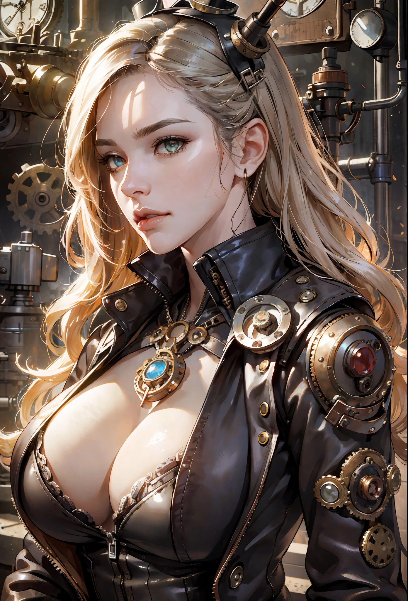 (absurdres, highres, ultra detailed), 1woman, mature female, aged up, wavy long hair, split-color hair, heterochromia, bangs, long sleeves, finely detailed eyes and detailed face, extremely detailed CG unity 8k wallpaper, intricate details, (style-rustmagic:0.8), (medieval cyborg:0.8), portrait, (bloody wounds:0.7), looking at viewer, solo, half shot, detailed background, (steampunk theme:1.1) determined expression, dark couds technomancer, floating lights, color leather vest with gears, techwear, jetpack, workshop in background, machines, gears, steam, industry, technology, furnace, grime, anvil, buttons, levers, automaton, electricity, electric sparks epic atmosphere,, portrait(((steampunk sexy girl,big ass, big sagging natural breast, very marked cameltoe, pezones grandes y marcados bajo la ropa, pezones en punta,suggestive pose, steampunk full clothes insane detail, intricade detail clothes, gabardina larga, steampunk city background, areola marcada, areola sobresaliente, cleavage,)))