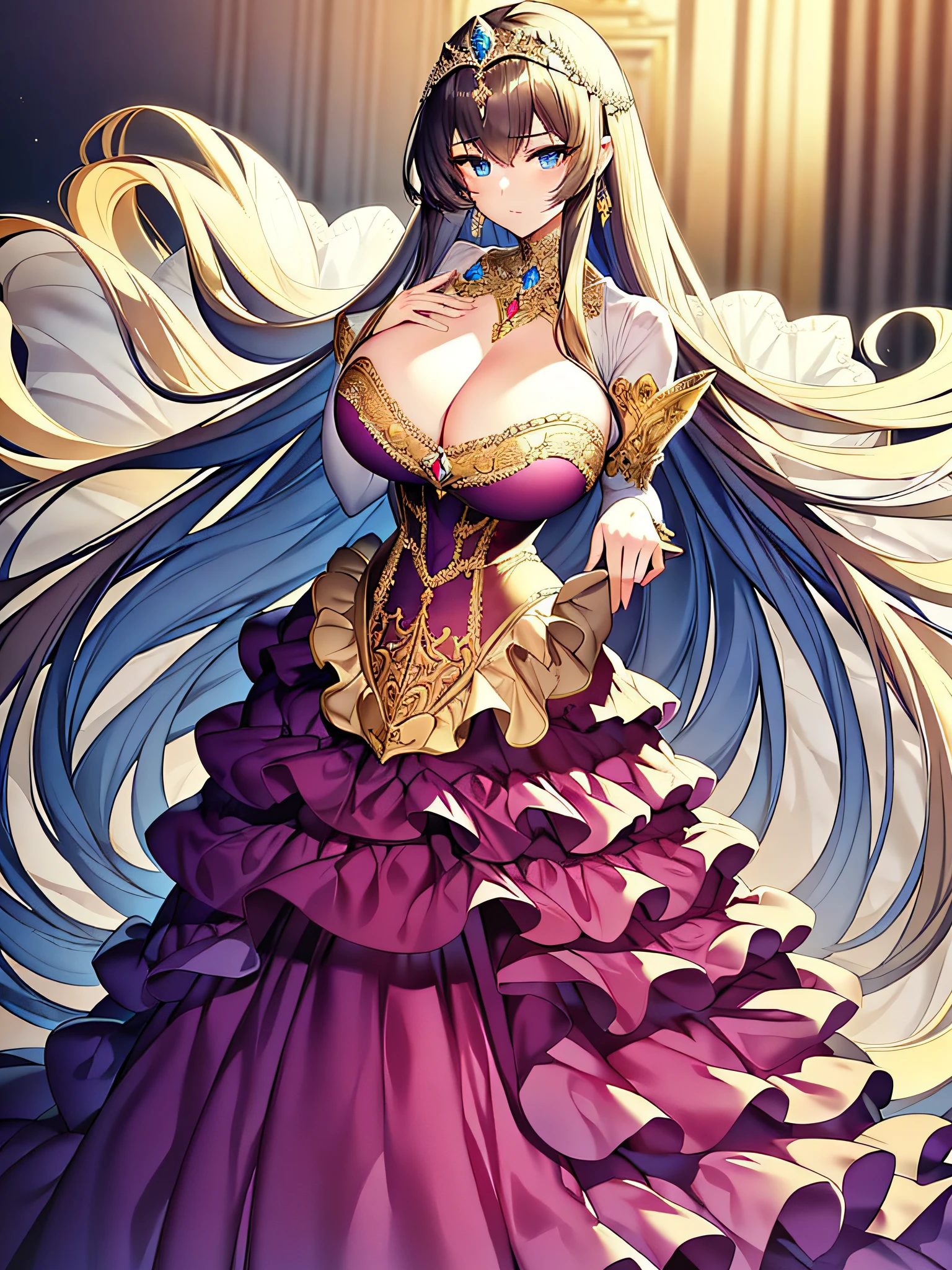 ((anime moe artstyle)),(Masterpiece),(Best Quality), (Super Detail),Illustration,((Very Delicate and Beautiful)),Focus on character,Dynamic Angle,Looking at viewer,(((Solo))),((Full body)),(((one gorgeous princess in jeweled ball gown with a voluminous skirt))),detailed face and eyes,jewel-like eyes,(Very Long Hair),gorgeous embroidery and lace,See-through,ornate ruffles,(gigantic breasts,Long breasts),jeweled ball gown,(gorgeous ball gown with a voluminous skirt),lift up the hem of dress,