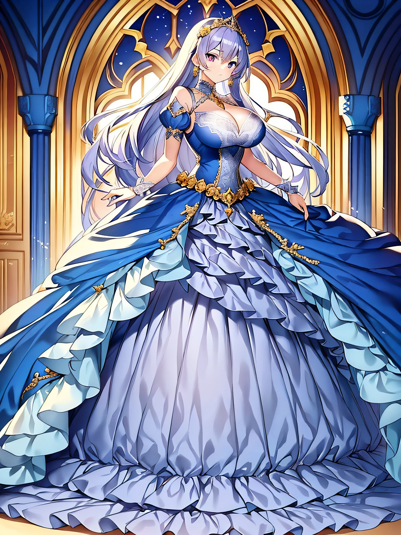 ((anime moe artstyle)),(Masterpiece),(Best Quality), (Super Detail),Illustration,((Very Delicate and Beautiful)),Focus on character,Dynamic Angle,Looking at viewer,(((Solo))),((Full body)),(((one gorgeous princess in jeweled ball gown with a voluminous skirt))),detailed face and eyes,jewel-like eyes,(Very Long Hair),gorgeous embroidery and lace,See-through,ornate ruffles,(gigantic breasts,Long breasts),jeweled ball gown,(gorgeous ball gown with a voluminous skirt),lift up the hem of dress,