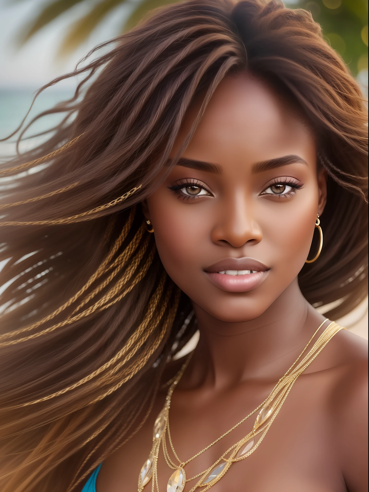 Cinematic soft lighting illuminates a stunningly detailed and ultra-realistic beautiful Nigerian supermodel, beach look, long messy windy brown hair, clear honey eyes, captivating perfect smile, sensual, hot woman, gorgeous, that is trending on ArtStation. Octane is the perfect tool to capture the softest details of this 16k photography masterpiece.