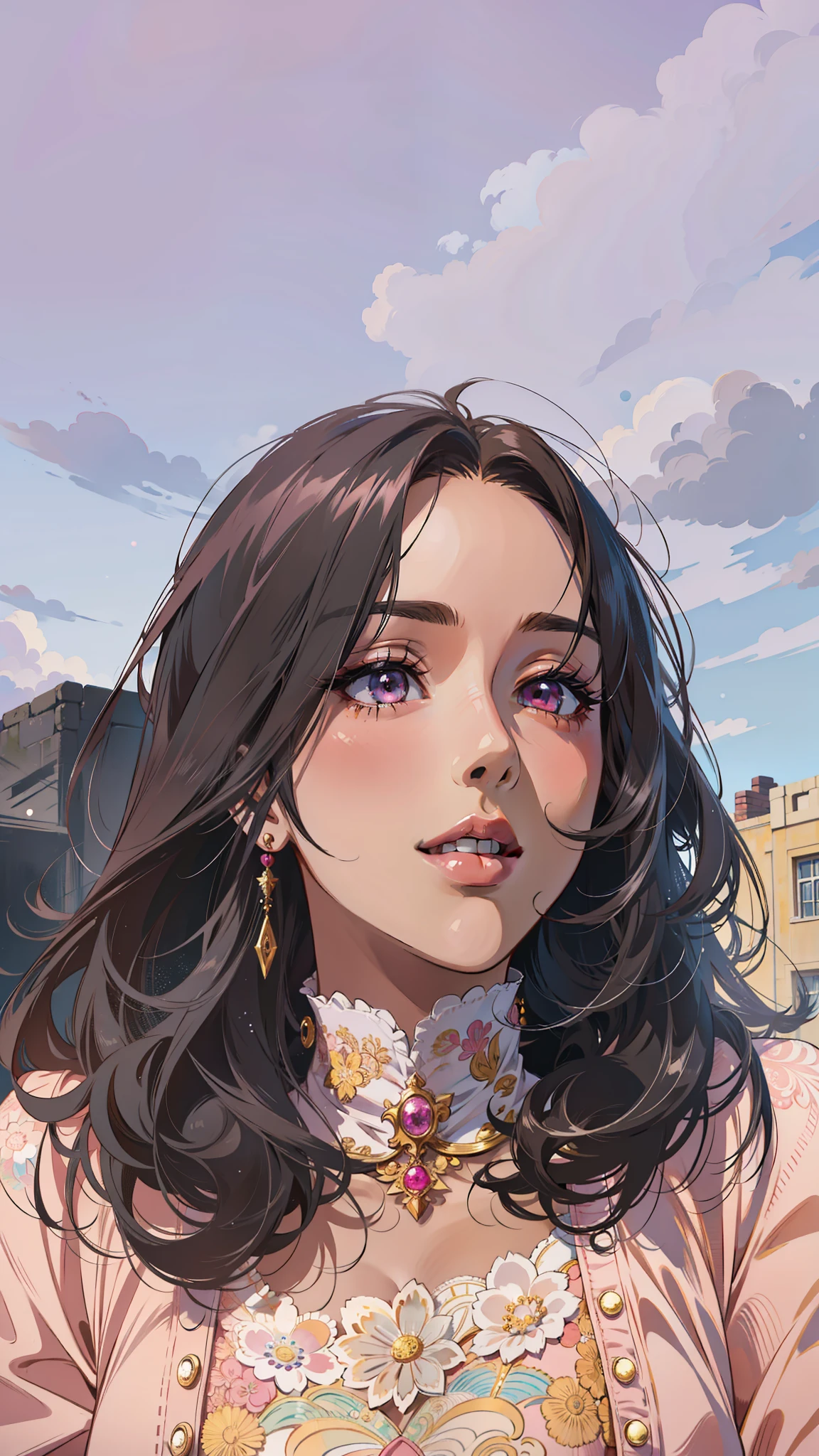 (masterpiece),(best quality:1.0), (ultra highres:1.0), detailed illustration, 8k, anime, 1girl, beautiful anime girl, wearing a pink dress, earrings , intricate details, black eyes, detailed eyes, pink eyeshadow, black hair, detailed hair detailed, highlights on hair, smiling, matte lipstick, perfect lips, anime style, best quality, detailed