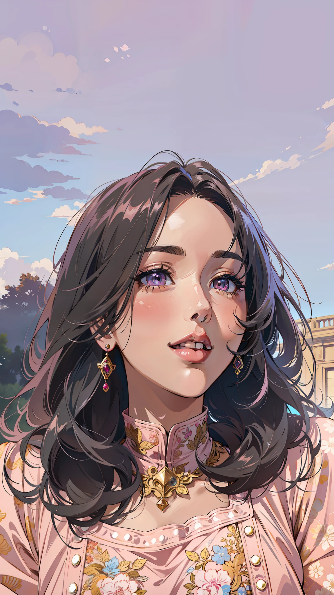 (masterpiece),(best quality:1.0), (ultra highres:1.0), detailed illustration, 8k, anime, 1girl, beautiful anime girl, wearing a pink dress, earrings , intricate details, black eyes, detailed eyes, pink eyeshadow, black hair, detailed hair detailed, highlights on hair, smiling, matte lipstick, perfect lips, anime style, best quality, detailed