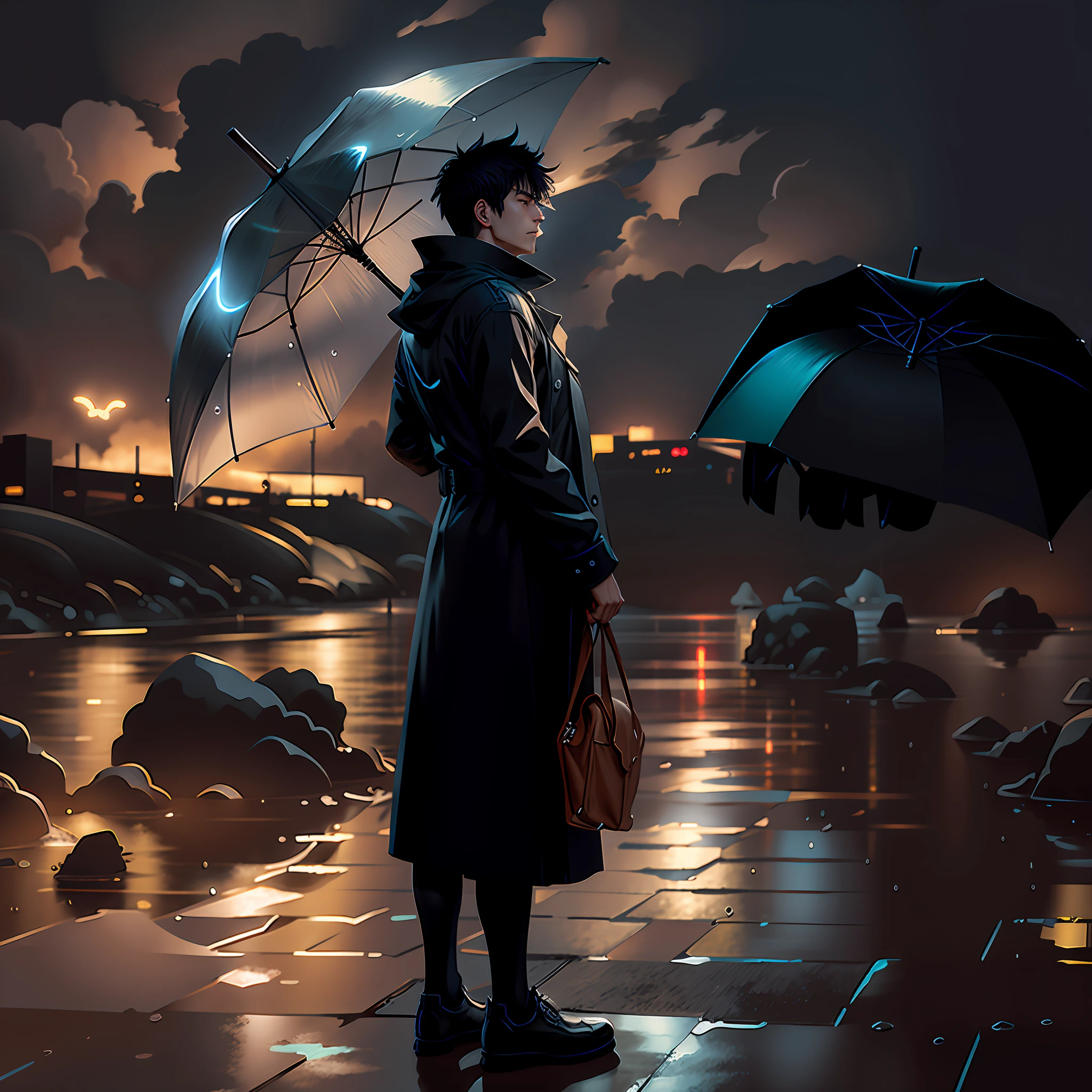3D, heavy rain, rain closeup, anime man standing on wet sidewalk holding umbrella, heavy rain, it's raining, dim light, anime handsome man, realistic anime 3 D style, smooth anime CG art, anime realism style, realistic anime art style, anime portrait of handsome man, male anime style, badass anime 8 K, young anime people, digital anime illustration, detailed digital anime art, male anime characters , dim sky, heavy rain, heavy rain weather, rain a lot, lightning --auto --s2