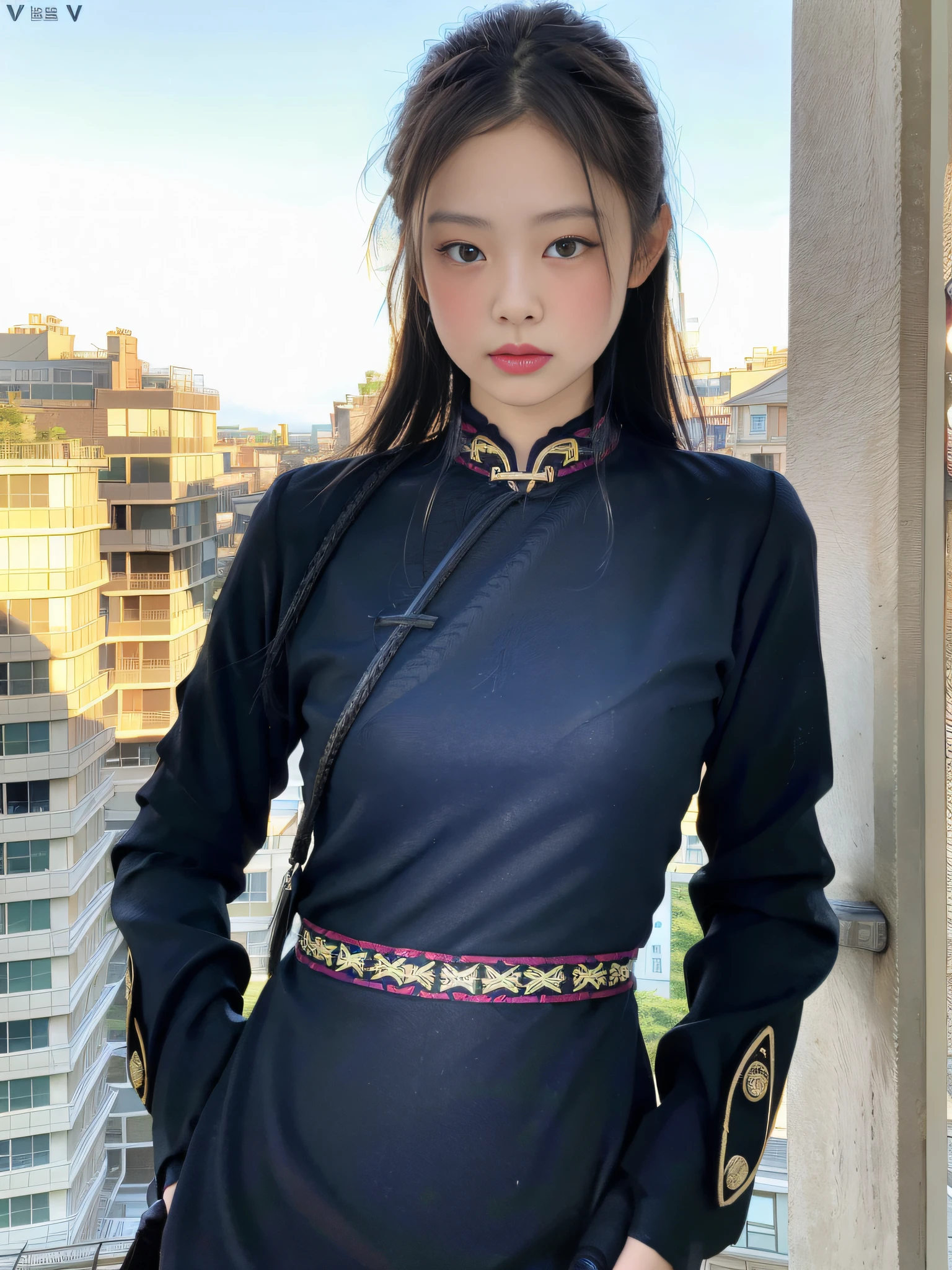 ulzzang-6500-v1.1, (raw photo:1.2), (photorealistic:1.4), beautiful detailed girl, very detailed eyes and face, beautiful detailed eyes, ridiculous, incredibly ridiculous, huge file size, super detailed, high resolution, very detailed, best quality, masterpiece, jennie wearing ((black cheongsam)), illustration, very detailed, CG, unified, 8k wallpaper, amazing, fine details,masterpiece, best quality, very detailed CG uniform 8k wallpaper, light on face, movie lighting, 1girl, 16 years old, (((dynamic pose))),