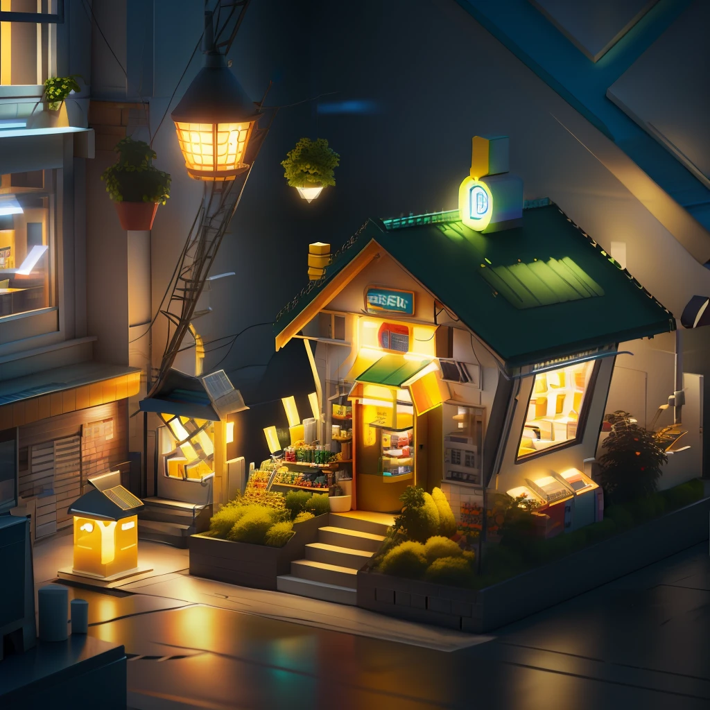 Cute 711 shop, sunshine background, 100mm lens, isometric, raceh style, 3D blender