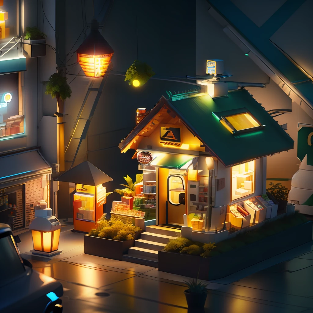 Cute 711 shop, sunshine background, 100mm lens, isometric, raceh style, 3D blender