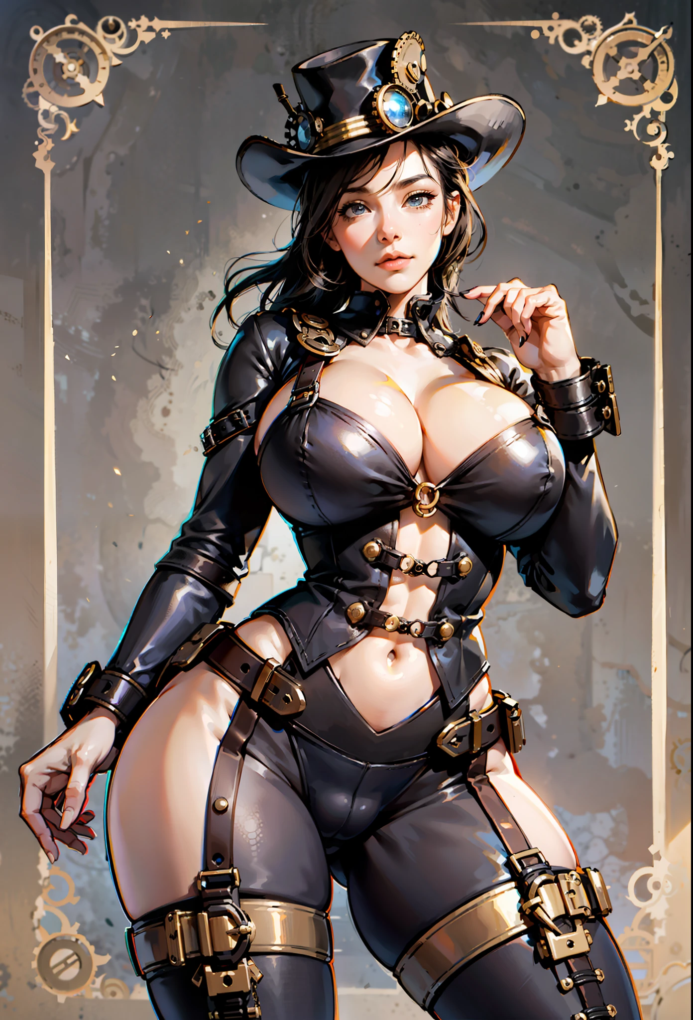 steampunk sexy girl,big ass, big sagging natural breast, very marked cameltoe, pezones grandes y marcados bajo la ropa, pezones en punta,suggestive pose, steampunk full clothes insane detail, intricade detail clothes, gabardina larga, steampunk city background, areola marcada, areola sobresaliente, cleavage,