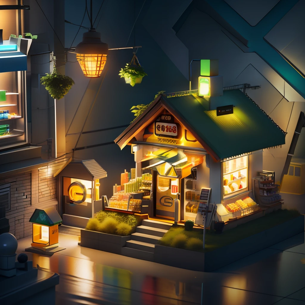 Cute 711 shop, sunshine background, 100mm lens, isometric, raceh style, 3D blender