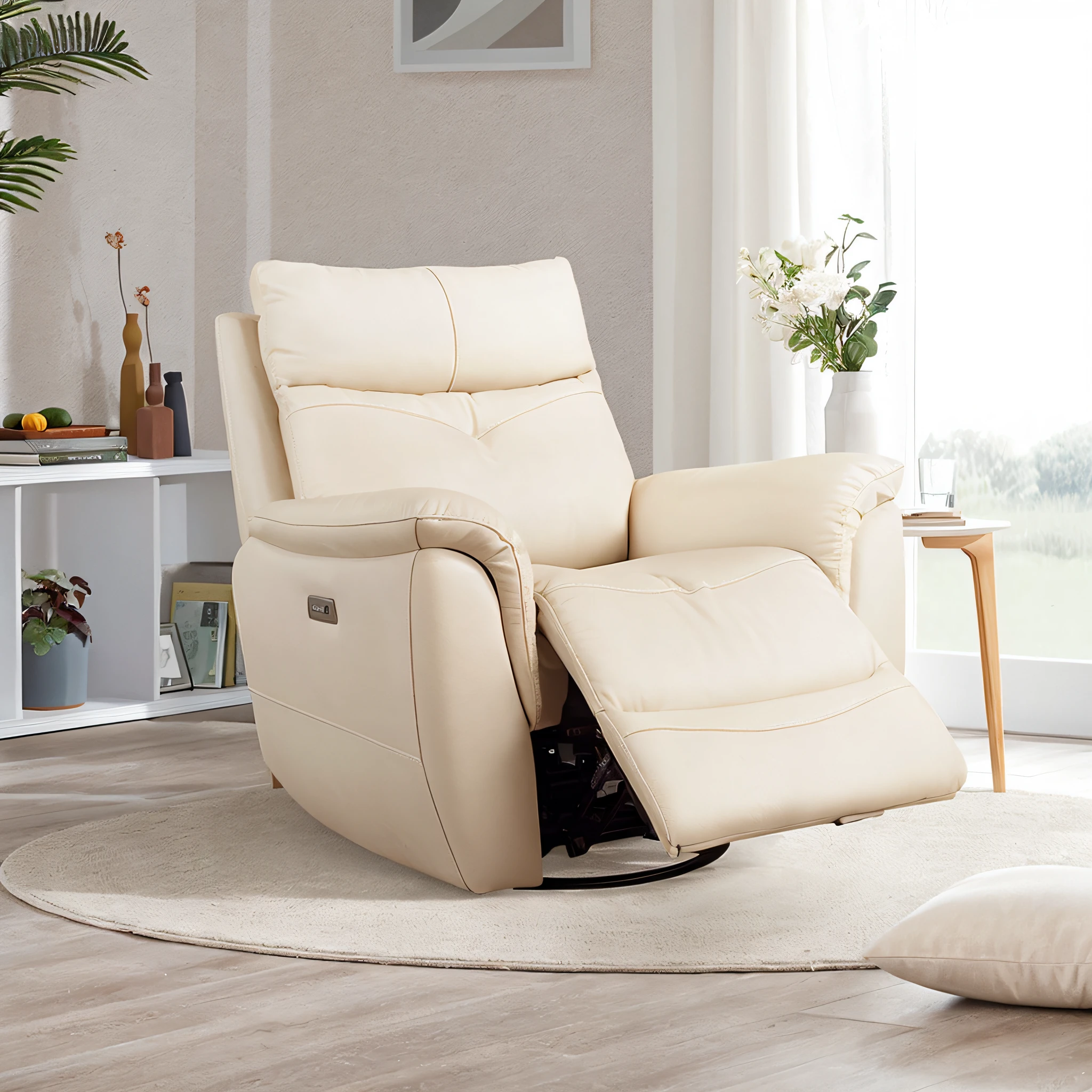 The living room has a white chaise longue and the floor is covered with white carpets. The armchair reclined, and a detailed zoom photo showed the beige detail silhouette for a comfortable sitting position. A heartwarming ivory product introduction photo. A variety of colors and a cozy cream room for comfort. High-quality product images and furniture photography bring just the right amount of light and realism.