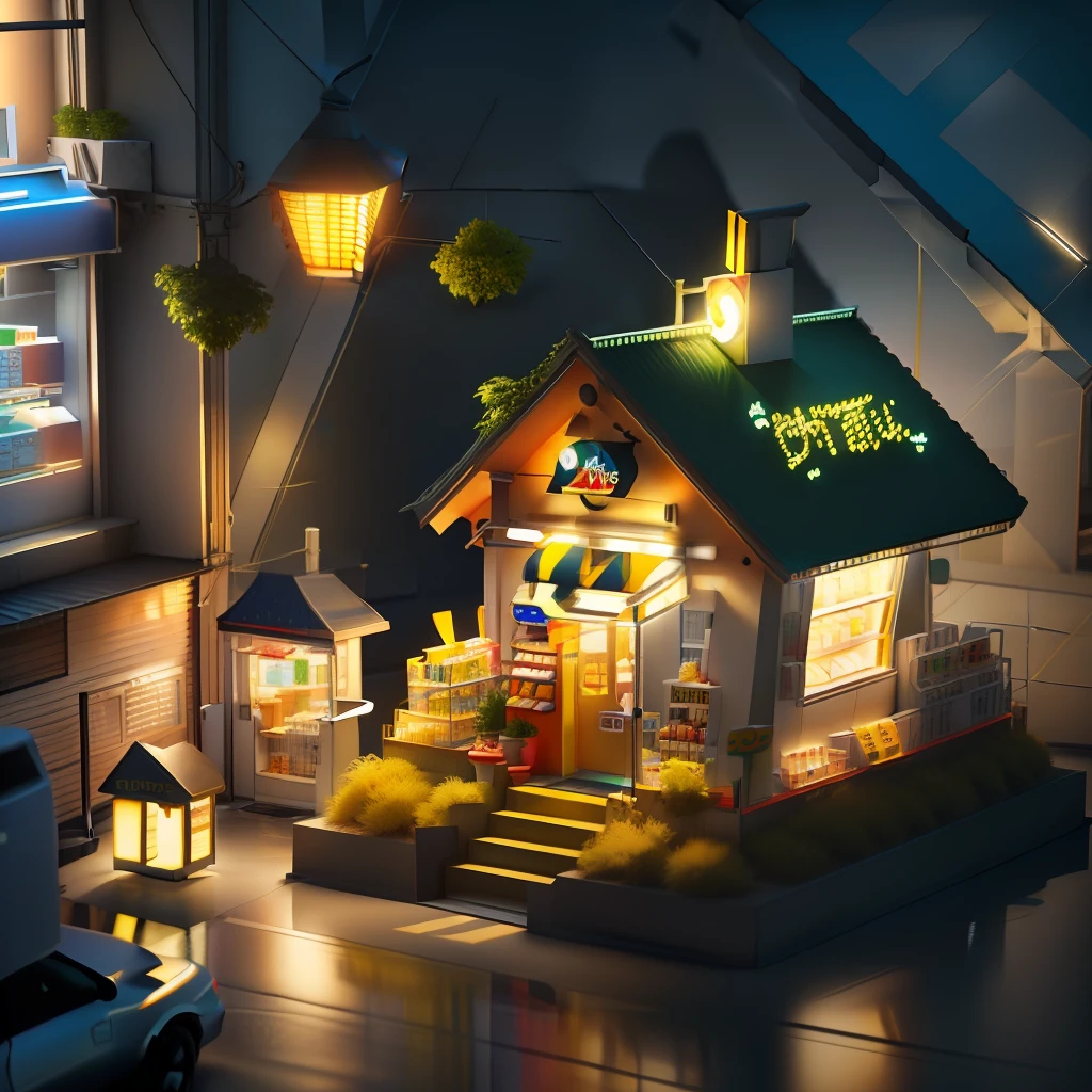 Cute 711 shop, sunshine background, 100mm lens, isometric, raceh style, 3D blender