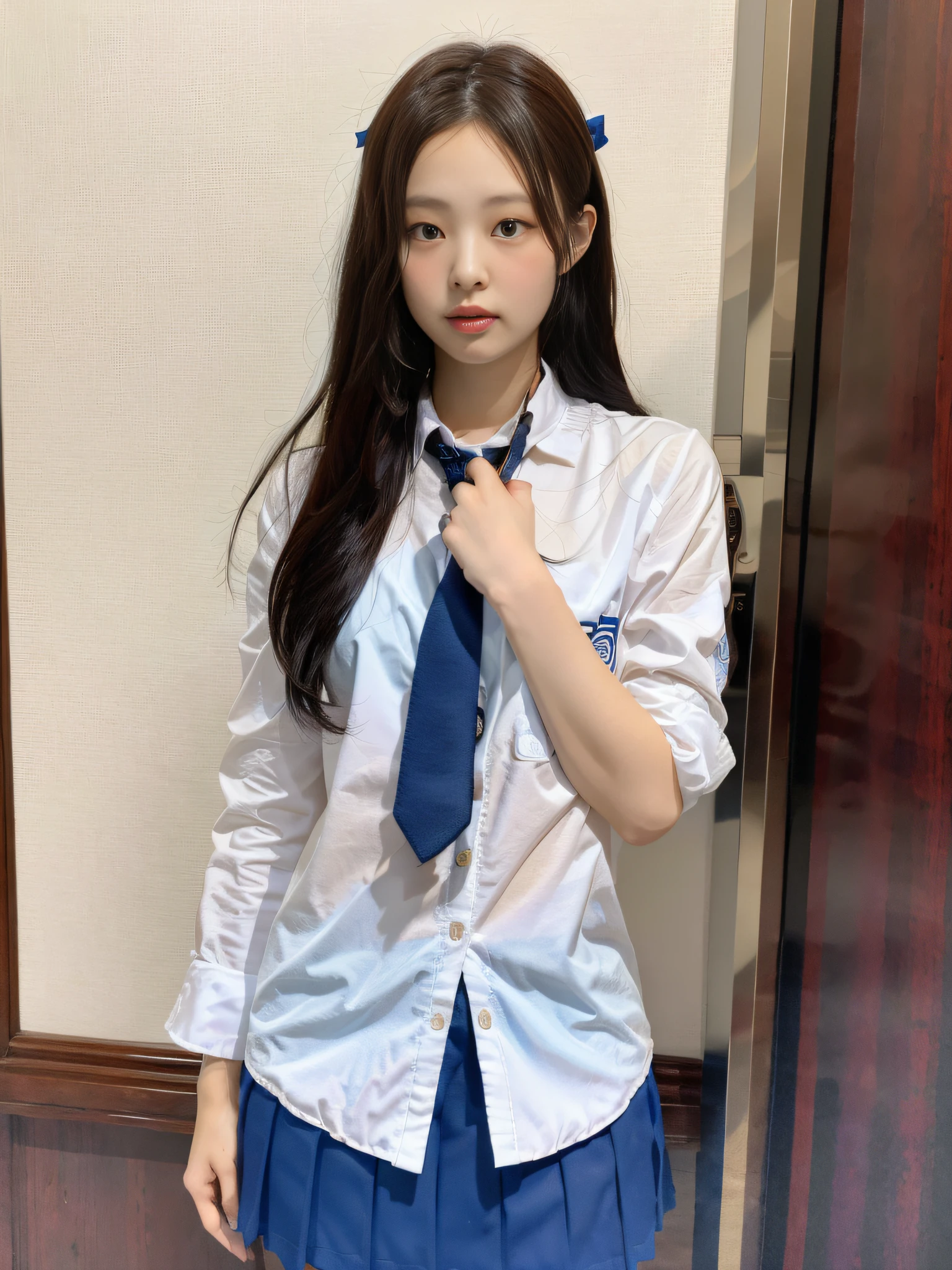 ulzzang-6500-v1.1, (raw photo:1.2), (photorealistic:1.4), beautiful detailed girl, very detailed eyes and face, beautiful detailed eyes, ridiculous, incredibly ridiculous, huge file size, super detailed, high resolution, very detailed, best quality, masterpiece, kemomimi, jennie face, wearing ((Japanese girls' high school uniform)), standing pose, full body, illustration, Very detailed, CG, unity, 8k wallpaper, amazing, fine details, masterpiece, best quality, very detailed CG unified 8k wallpaper, face light, movie lighting, 1girl, (((dynamic pose))),
